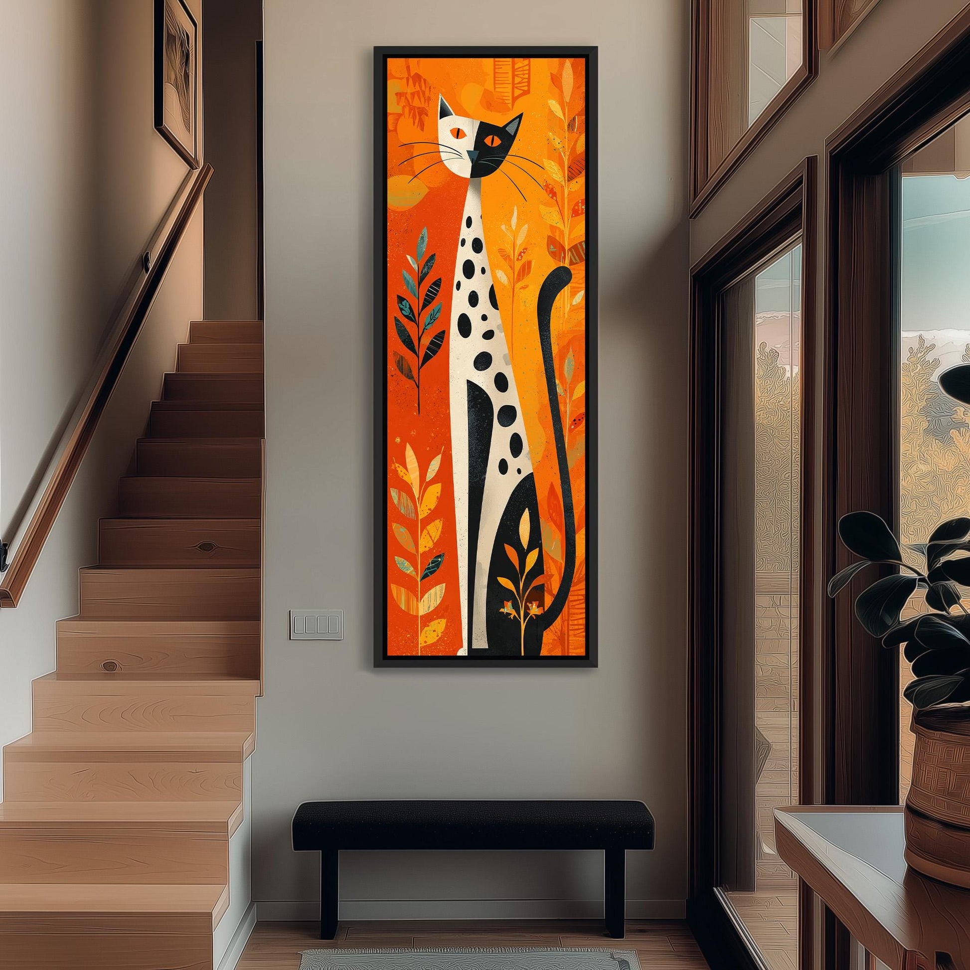 a hallway with a large, colorful painting of a cat hanging on the wall. The painting is surrounded by a wooden staircase and a bench.