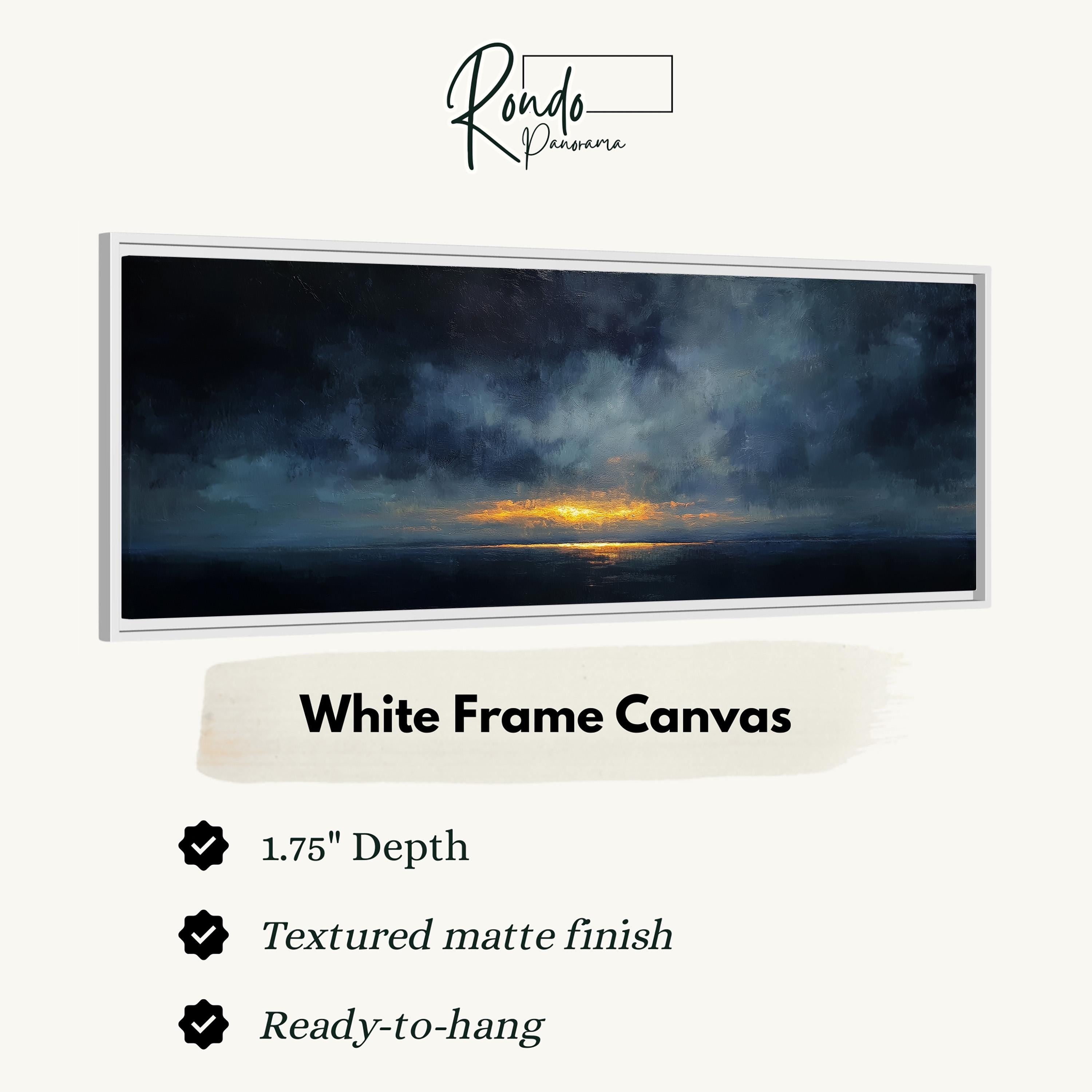 The image is a white frame canvas depicting a serene landscape with a sunset over the ocean.