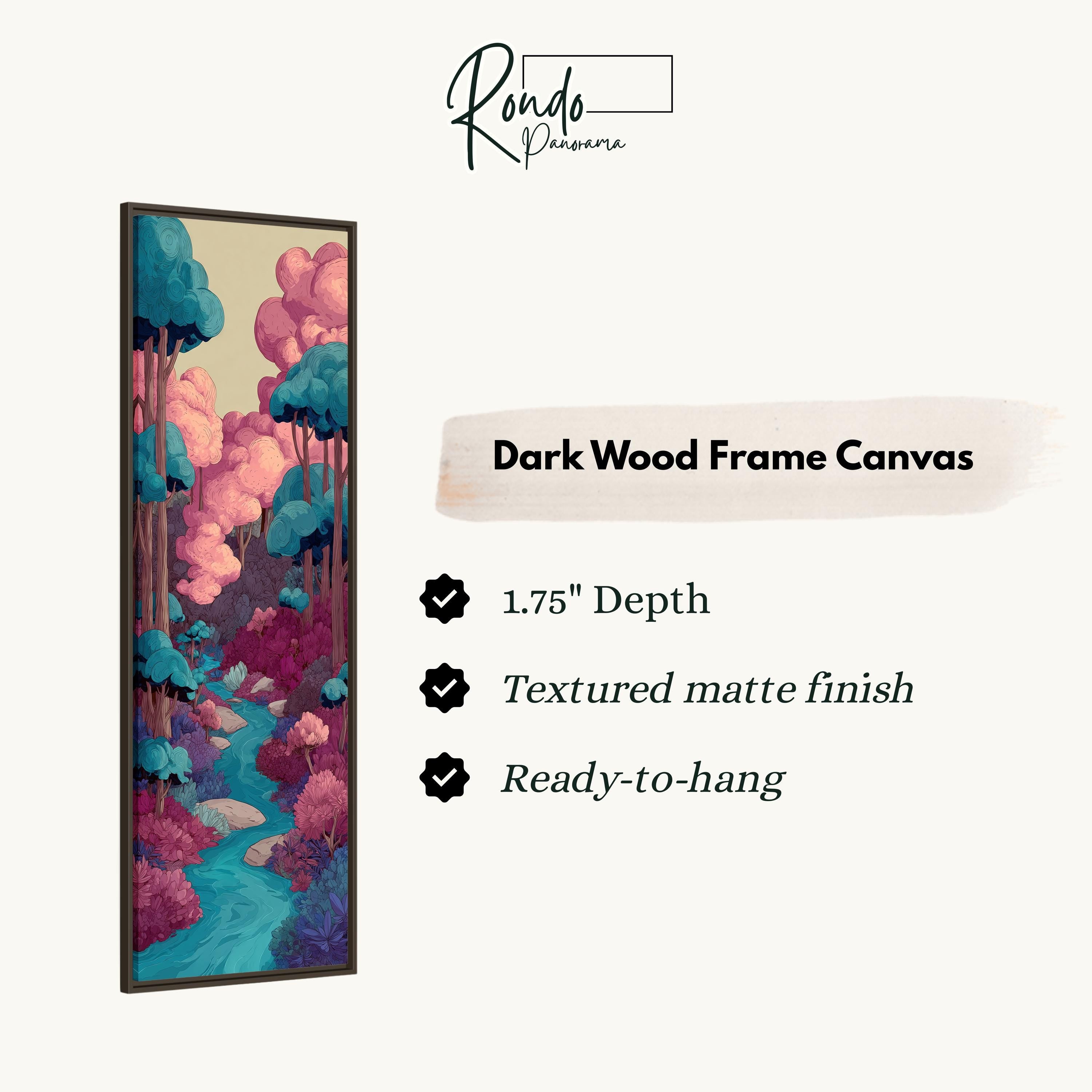 The image is a rectangular dark wood frame canvas with a vibrant, colorful illustration of a forest scene.