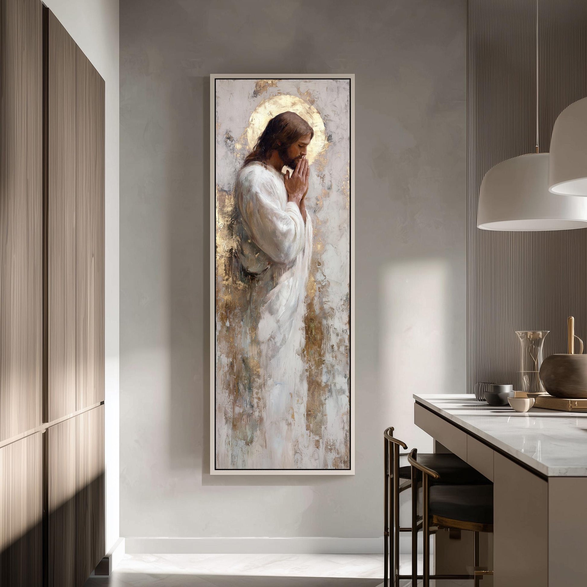 a large painting of Jesus Christ, hanging on a wall in a modern, minimalist kitchen.