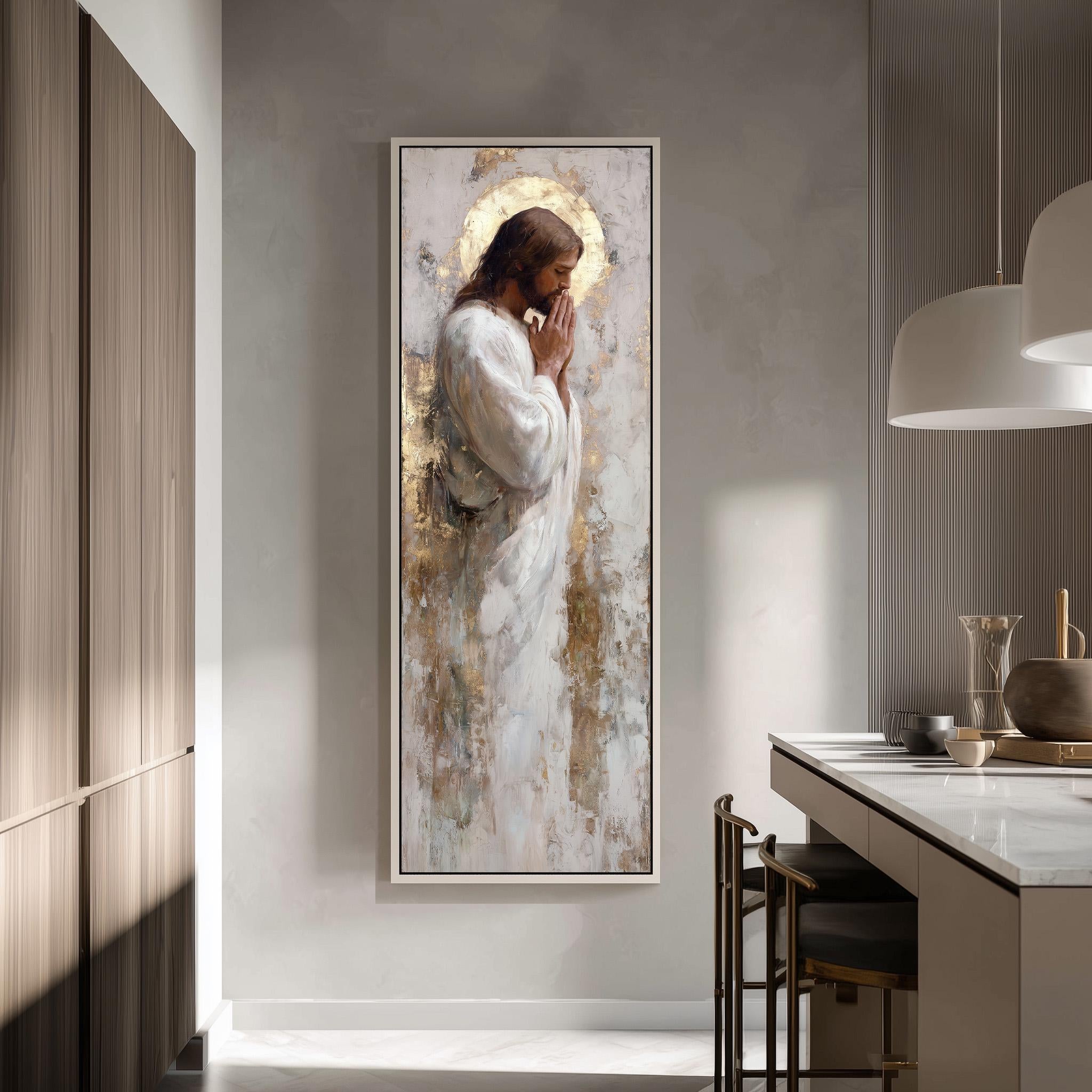 a large painting of Jesus Christ, hanging on a wall in a modern, minimalist kitchen.