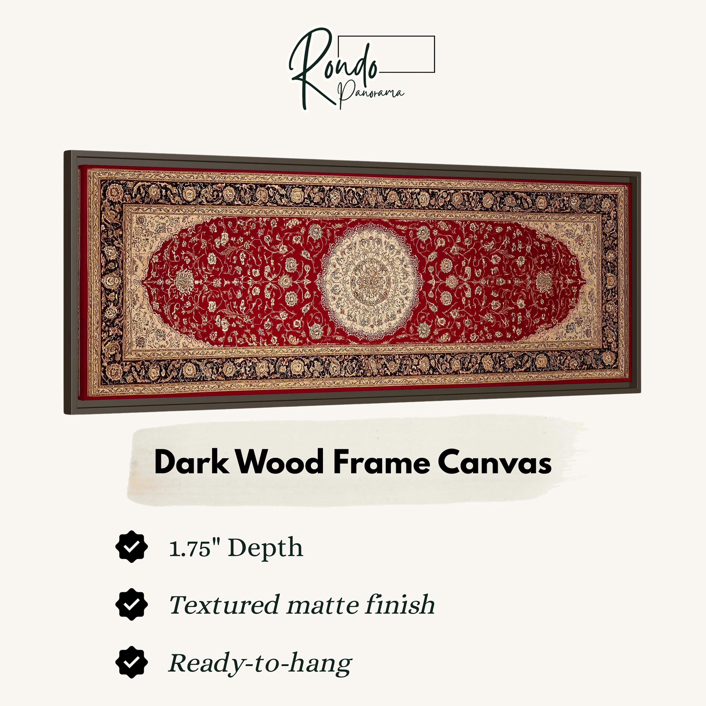 a dark wood frame canvas with a red and gold patterned design.