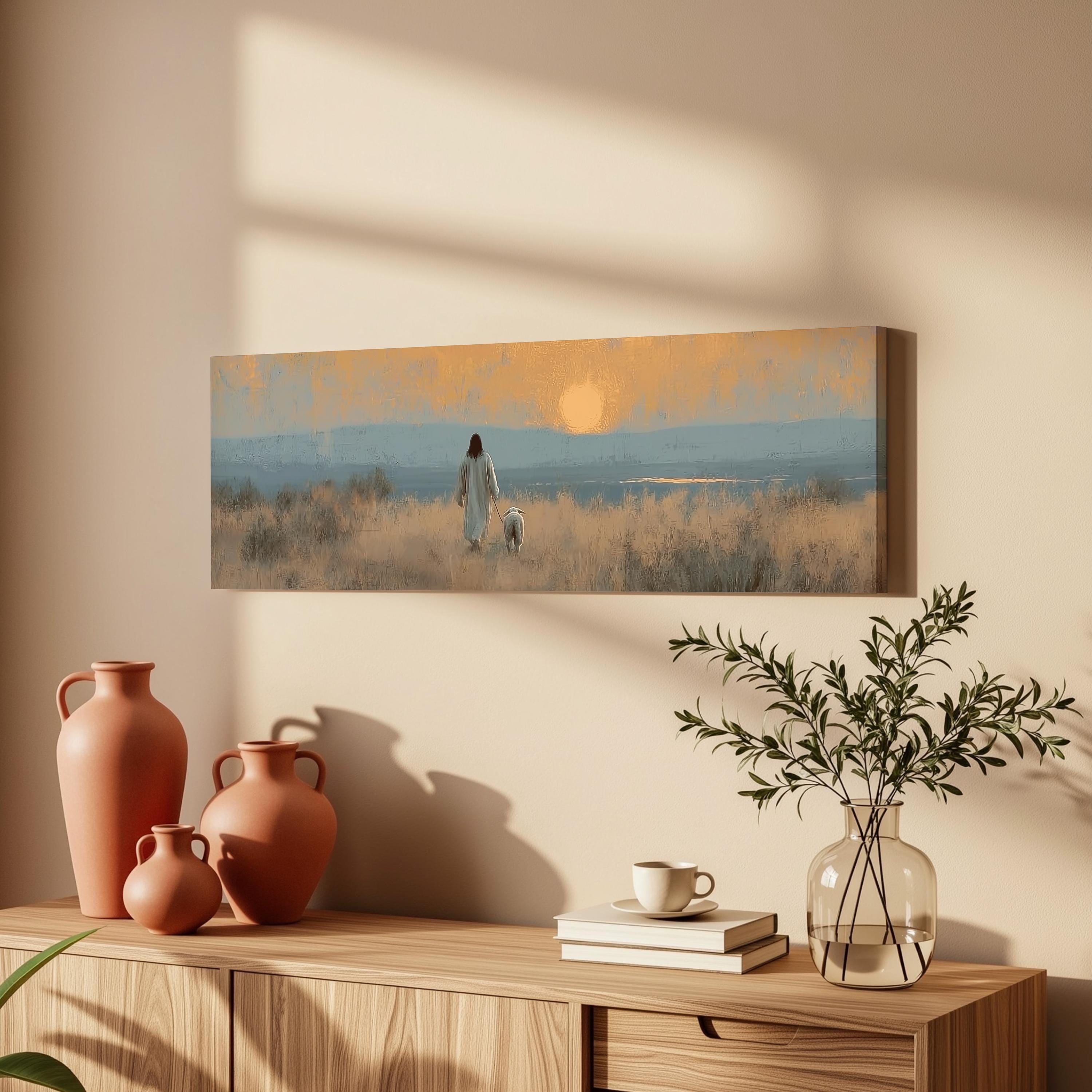 a serene indoor setting with a painting of a person walking in a field, a vase with greenery, and a wooden dresser with books and a coffee cup.