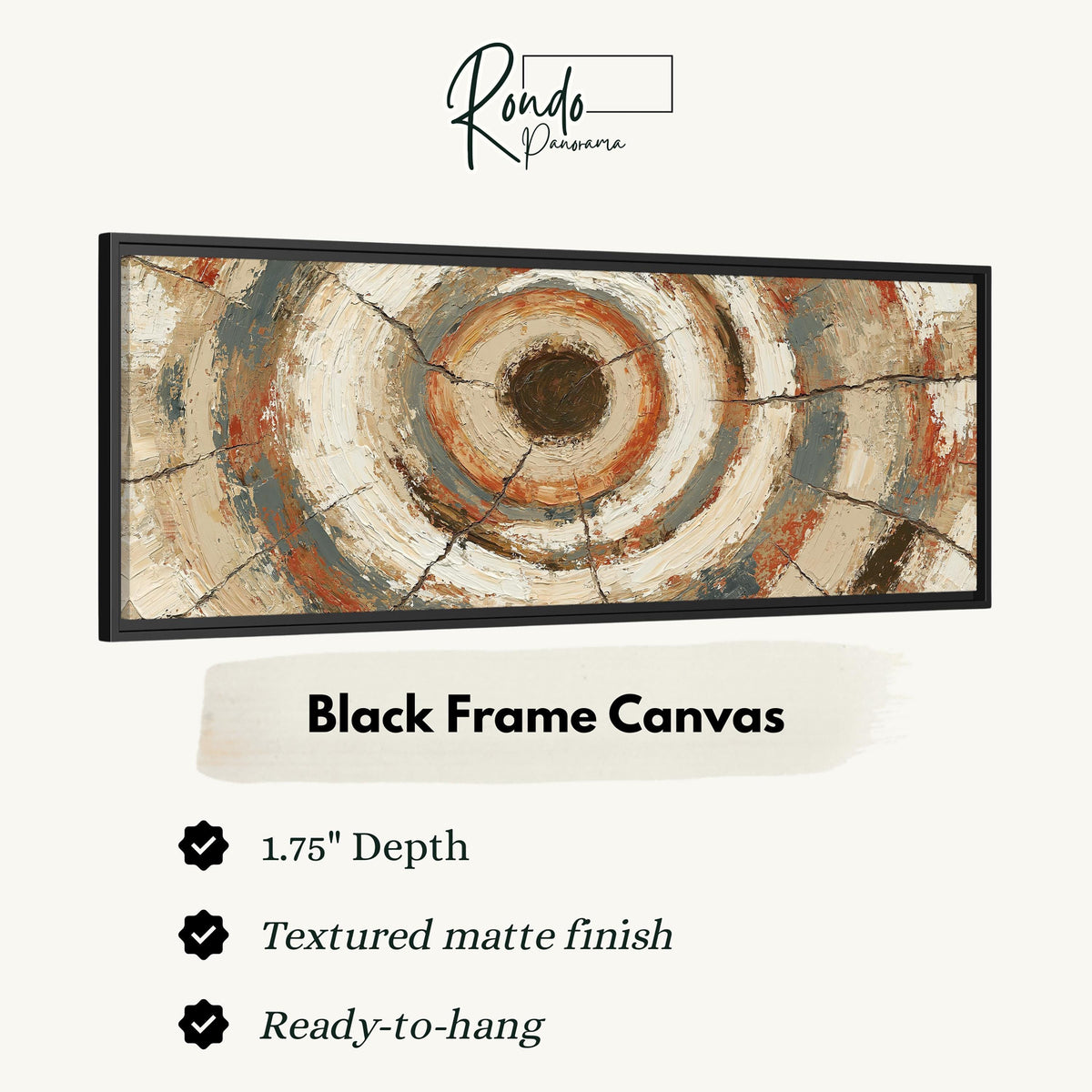 Rust and navy textured tree ring canvas print in a black floating frame
