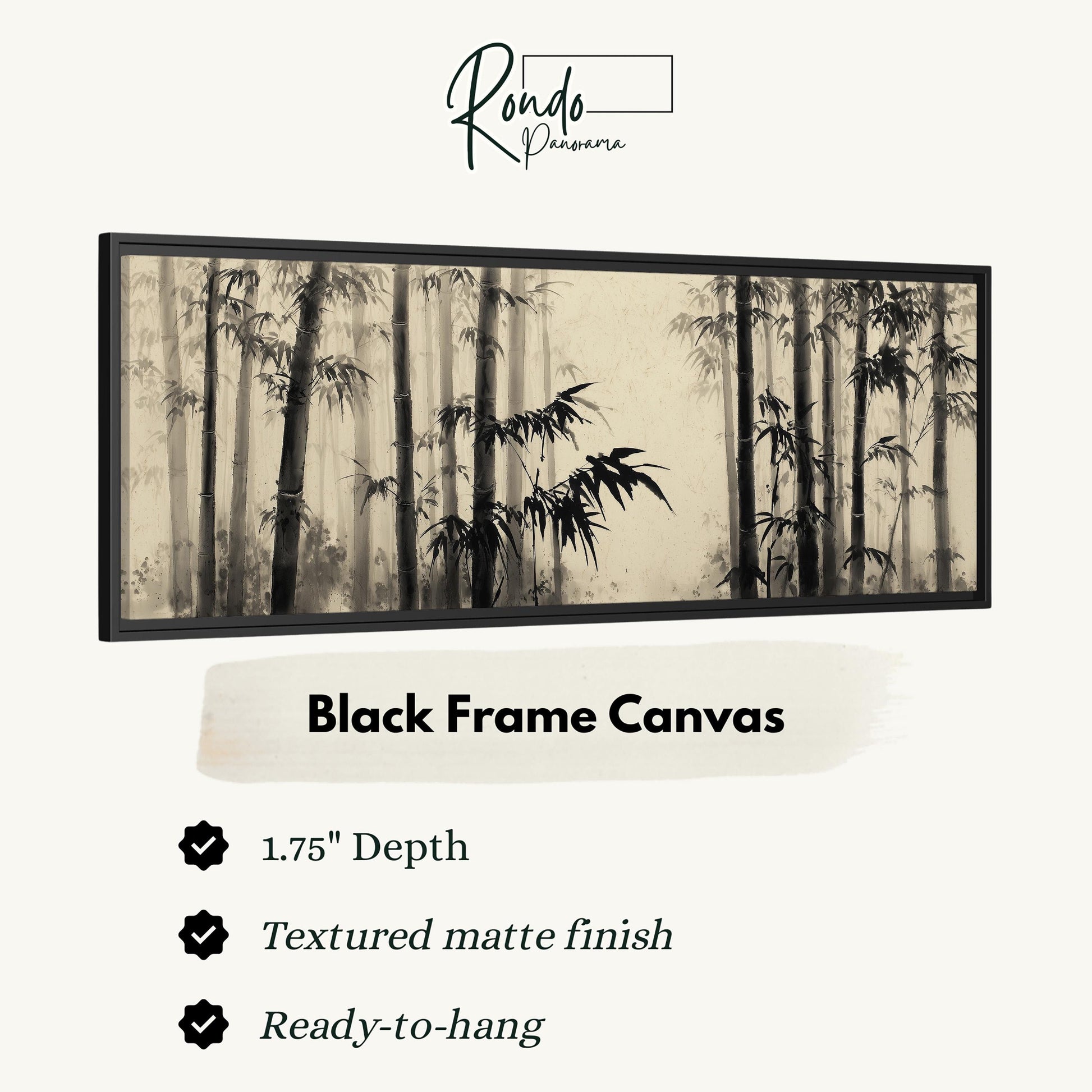 The image is a black and white photograph of a forest with tall trees, and it is a framed canvas artwork.