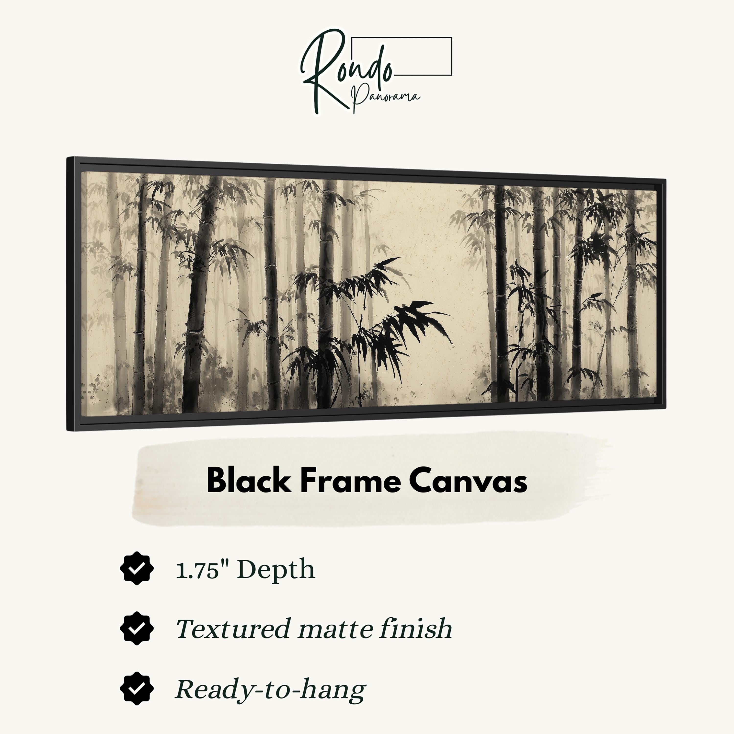The image is a black and white photograph of a forest with tall trees, and it is a framed canvas artwork.