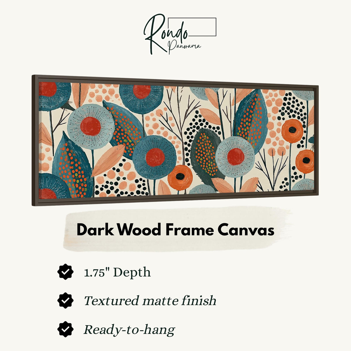 Teal poppies and speckled leaves canvas print in a dark wood floating frame