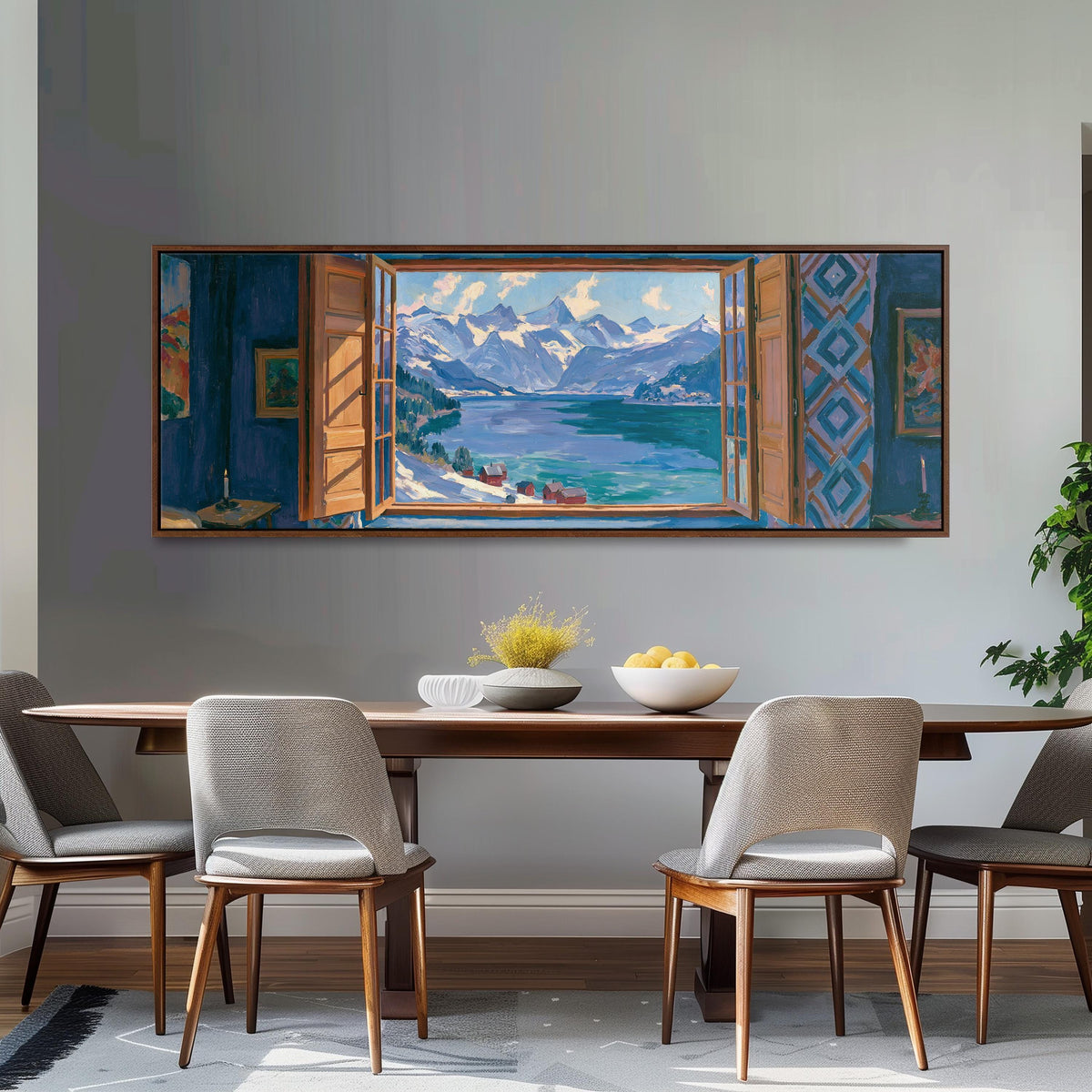 Snowy alpine lake seen through a window long horizontal canvas print above a dining table