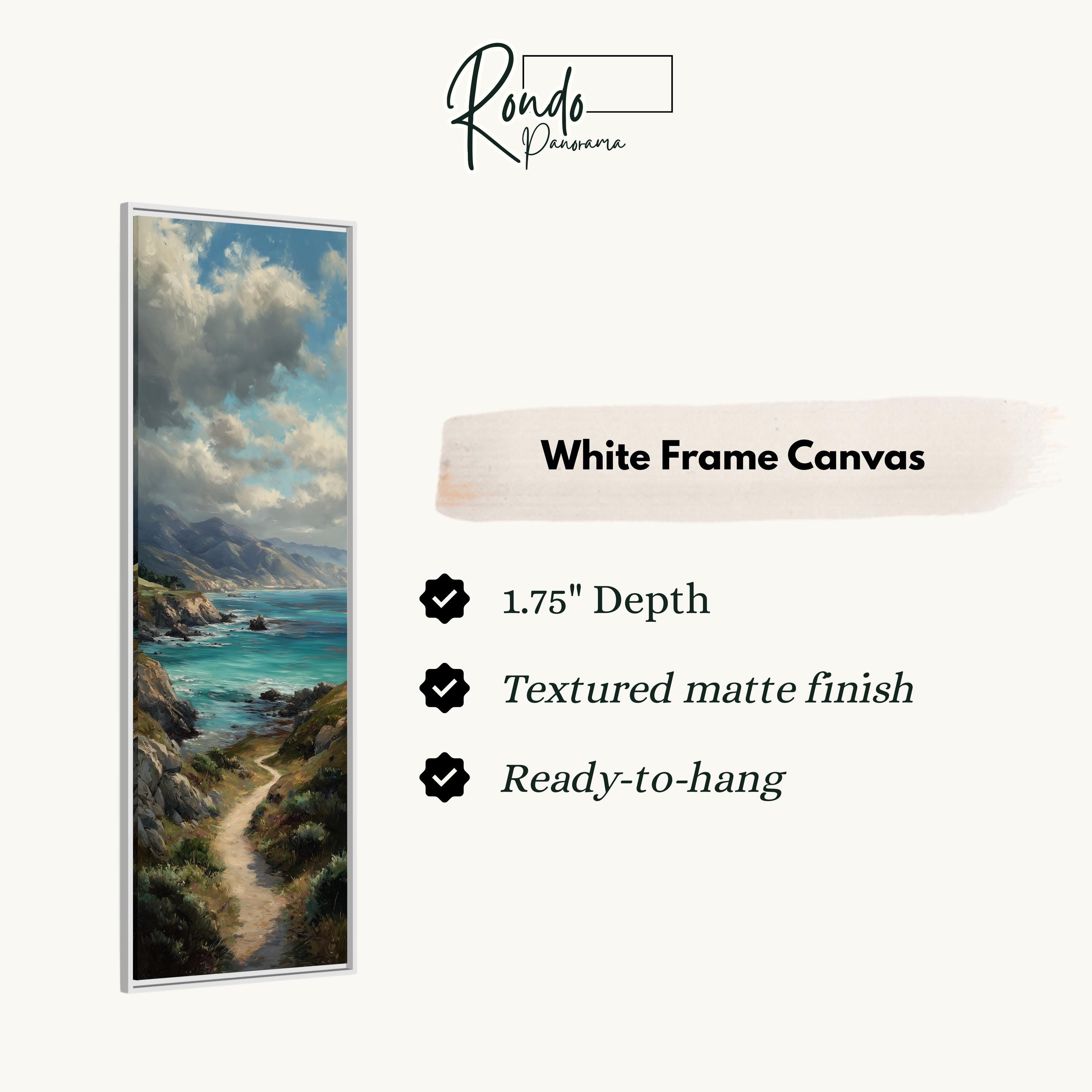 The image is a white frame canvas depicting a scenic landscape with a winding path leading to a body of water.