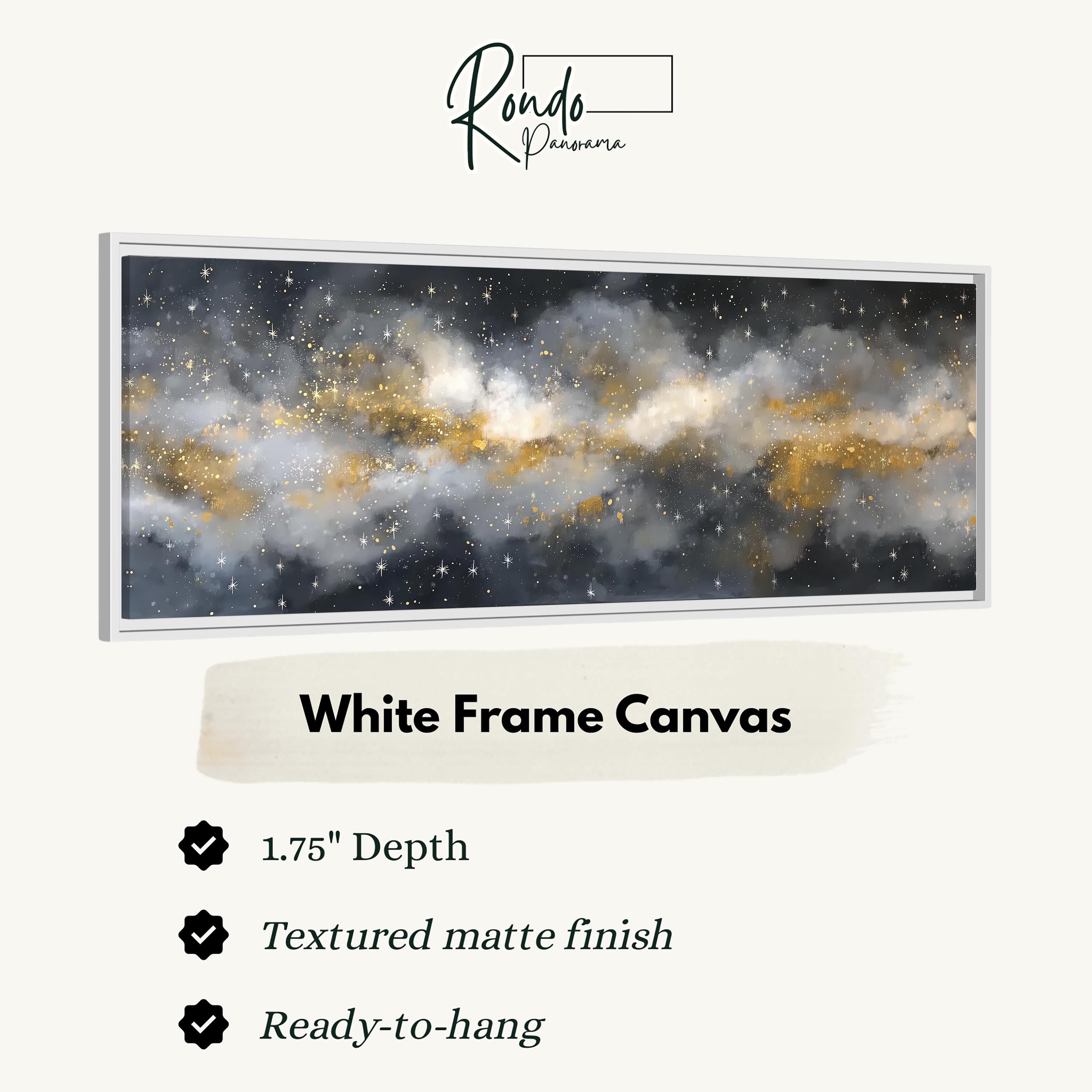 The image is a white frame canvas depicting a galaxy with a textured matte finish. The canvas is 1.75" deep and ready to hang.