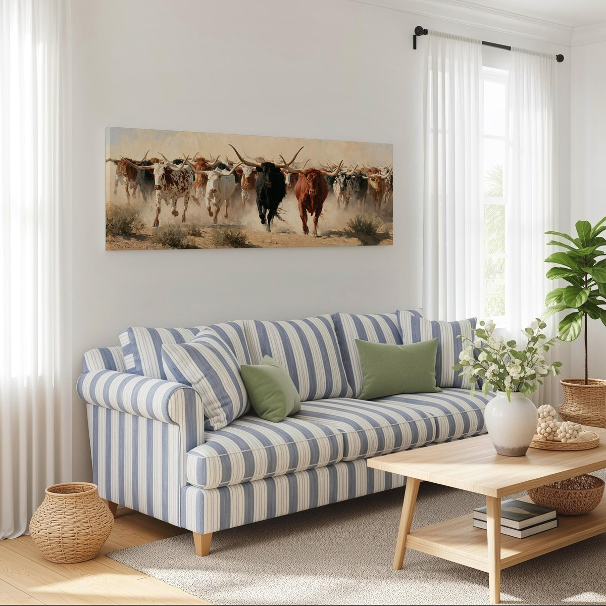 Longhorn cattle stampede long horizontal canvas print above a striped sofa in a coastal living room