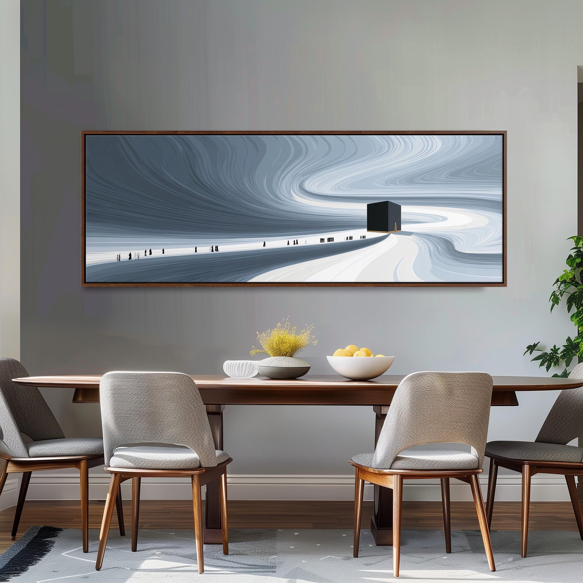 a modern dining room with a large, abstract painting hanging on the wall above a wooden dining table with four chairs. The painting depicts a winding road leading to a black building, creating a sense of depth and movement. The room is decorated with a vase of flowers, a bowl of fruit, and a potted plant, adding a touch of natural beauty to the space.
