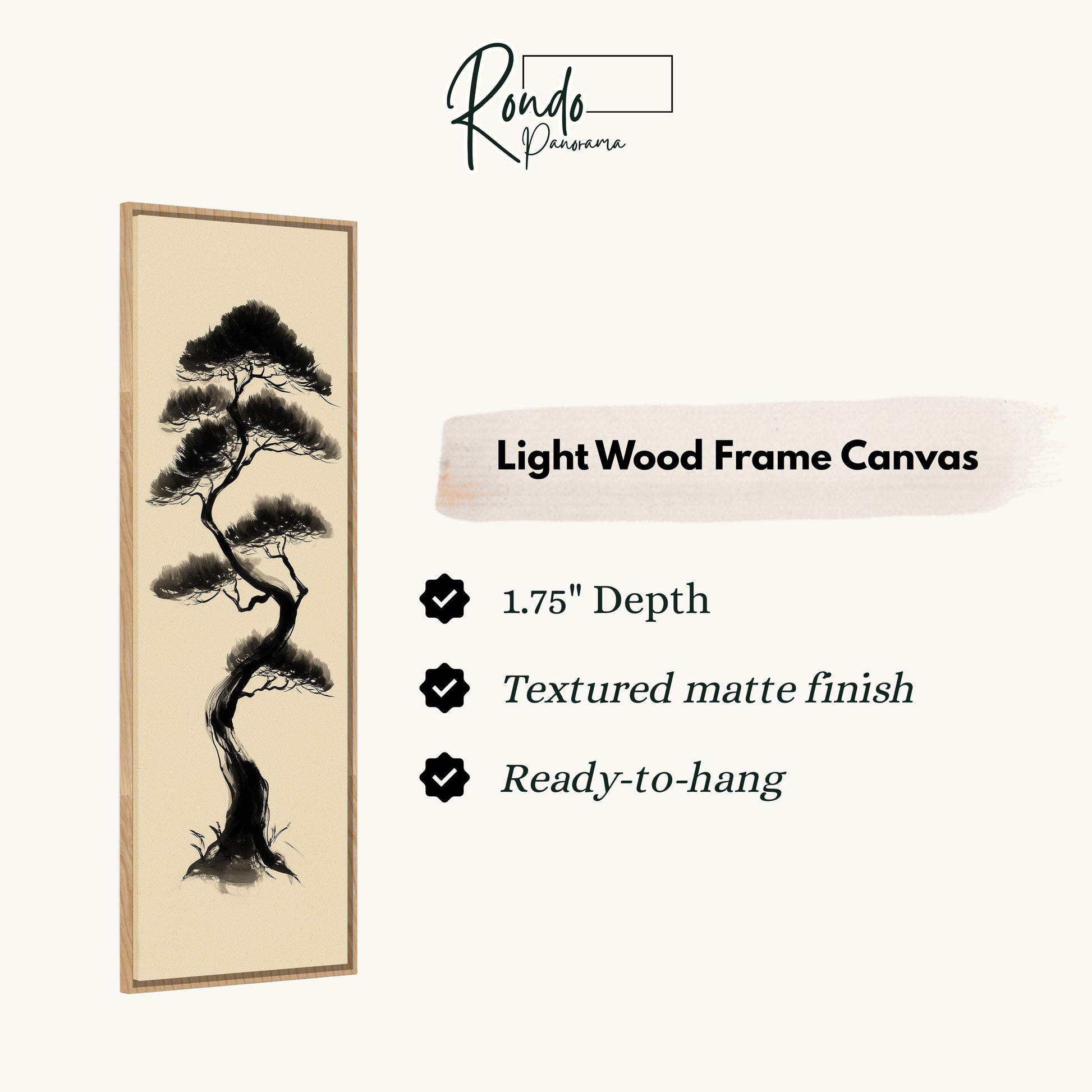 The image is a light wood frame canvas featuring a black and white illustration of a tree.