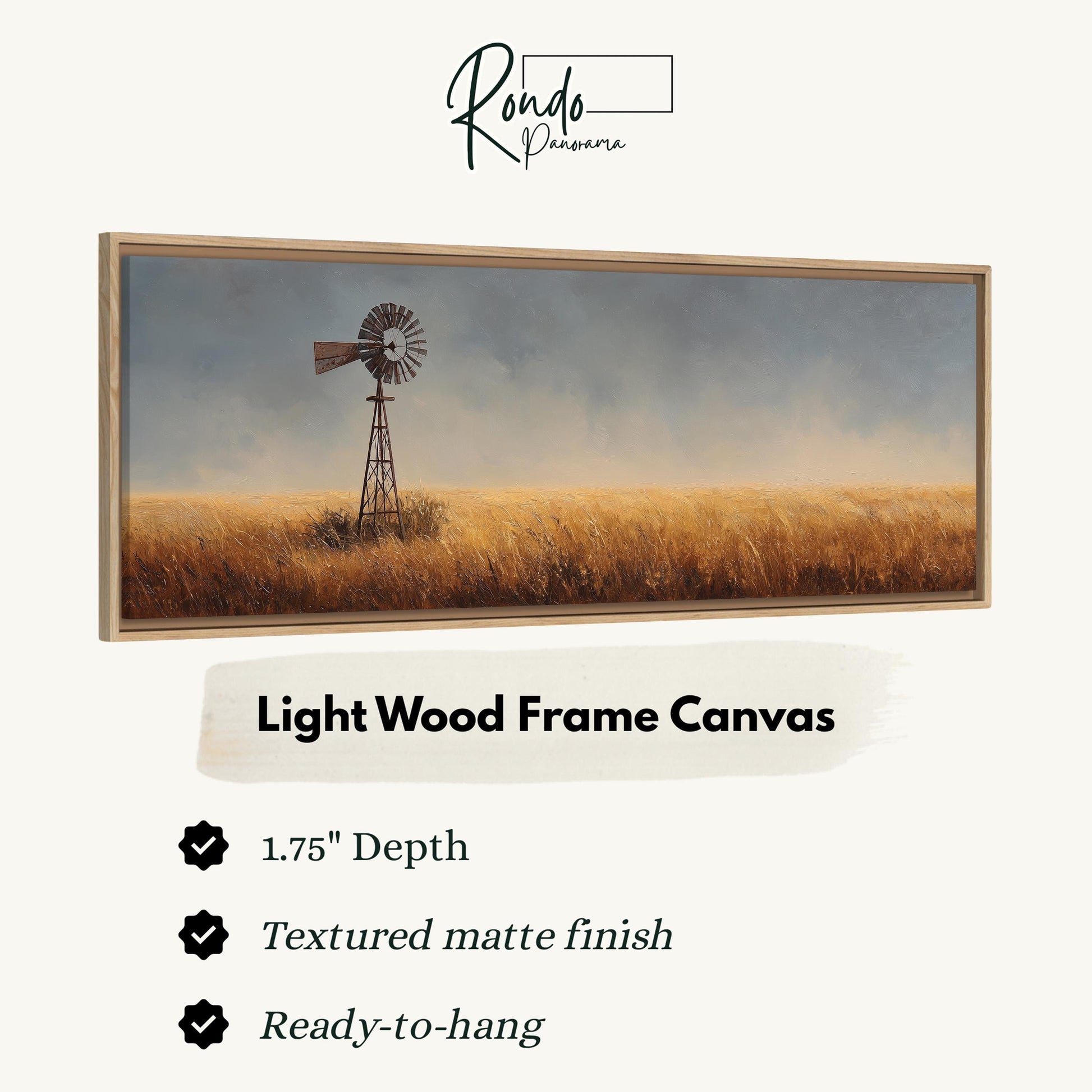 The image is a light wood frame canvas depicting a windmill in a field of golden wheat.