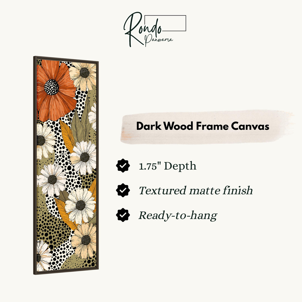 Retro daisies with polka dots canvas print in a dark wood floating frame