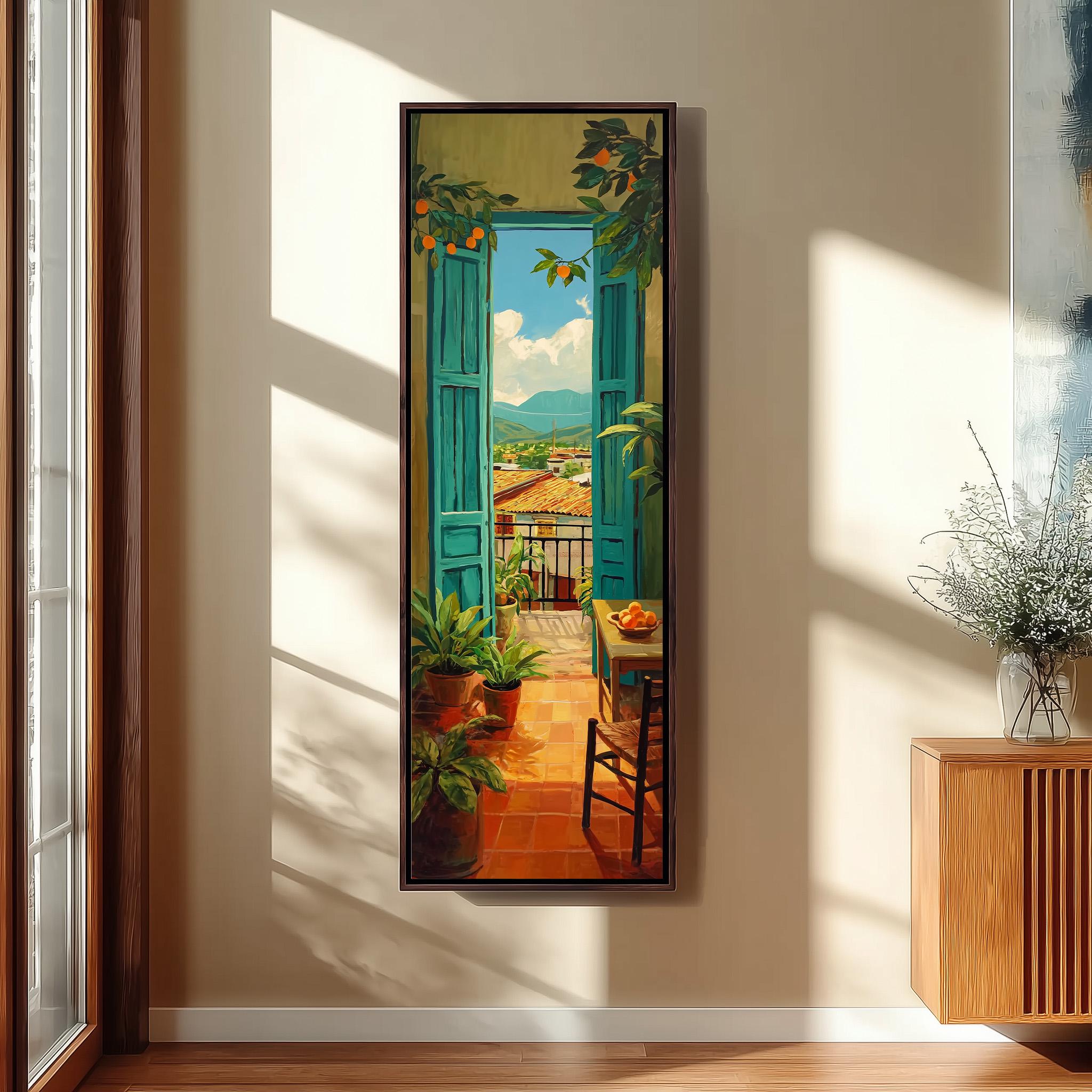 a large painting of a balcony with a view of a town, hanging on a wall in a room with a wooden floor and a window.