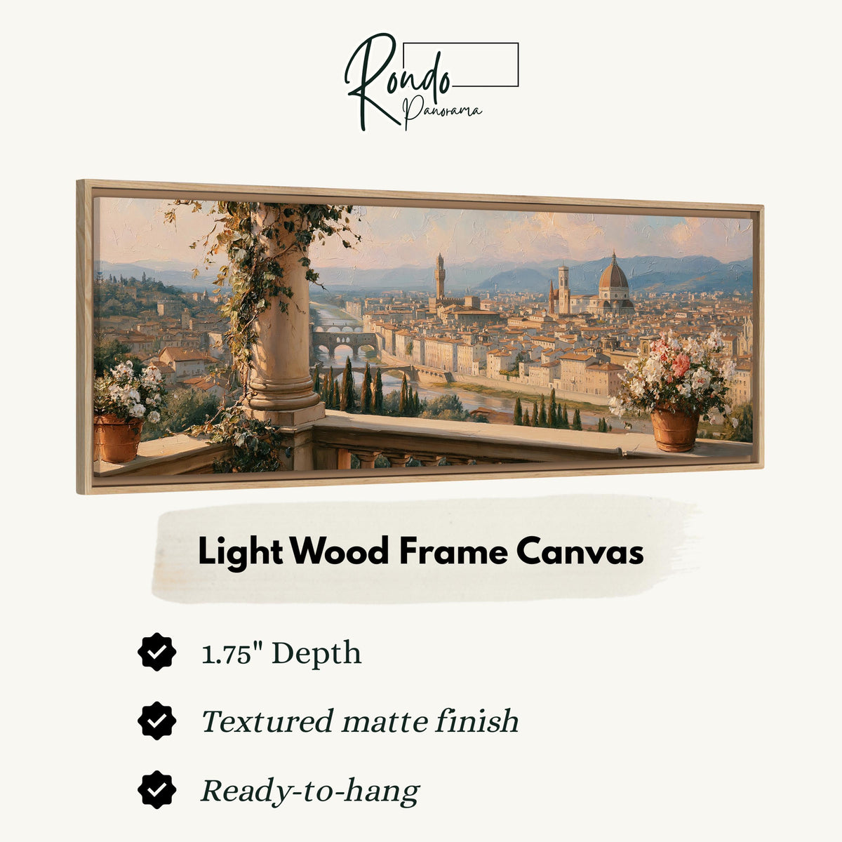Florence skyline from a flowered balcony canvas print in a light wood floating frame