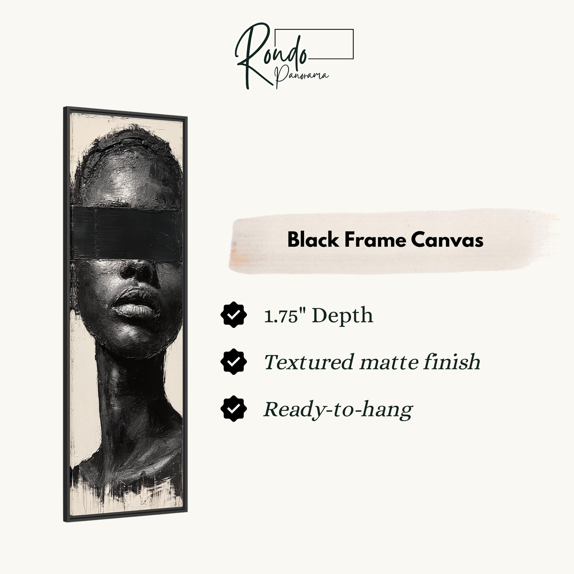 The image is a black and white portrait of a person's face, with a text box providing information about the black frame canvas.