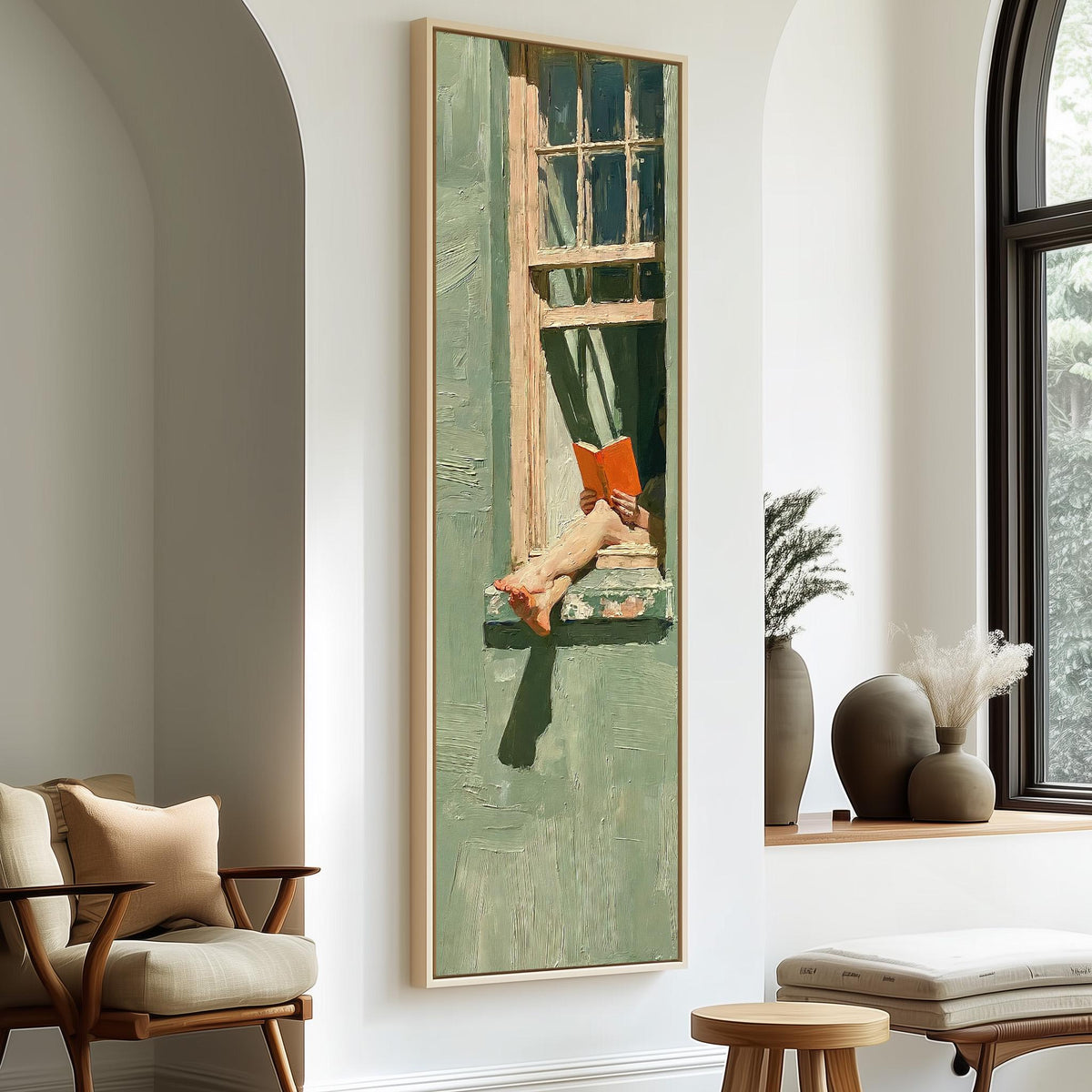 Woman reading in a sage green window tall skinny canvas print in a sunlit living space