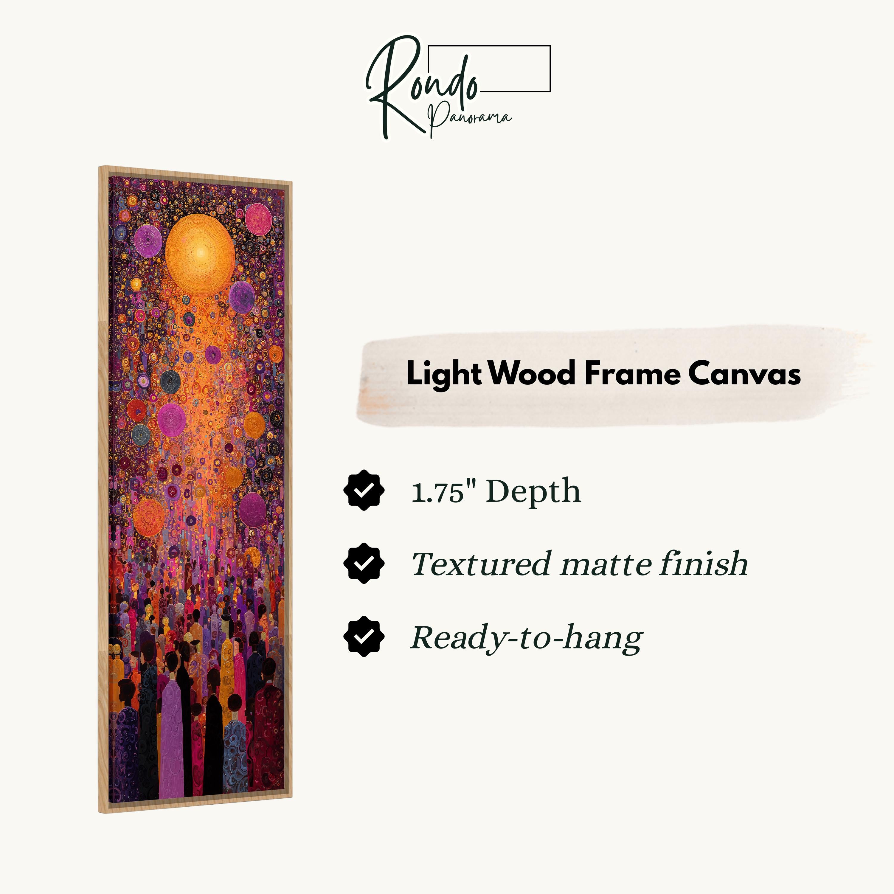 The image is a light wood frame canvas featuring a vibrant abstract painting with a central sunburst surrounded by a crowd of people.