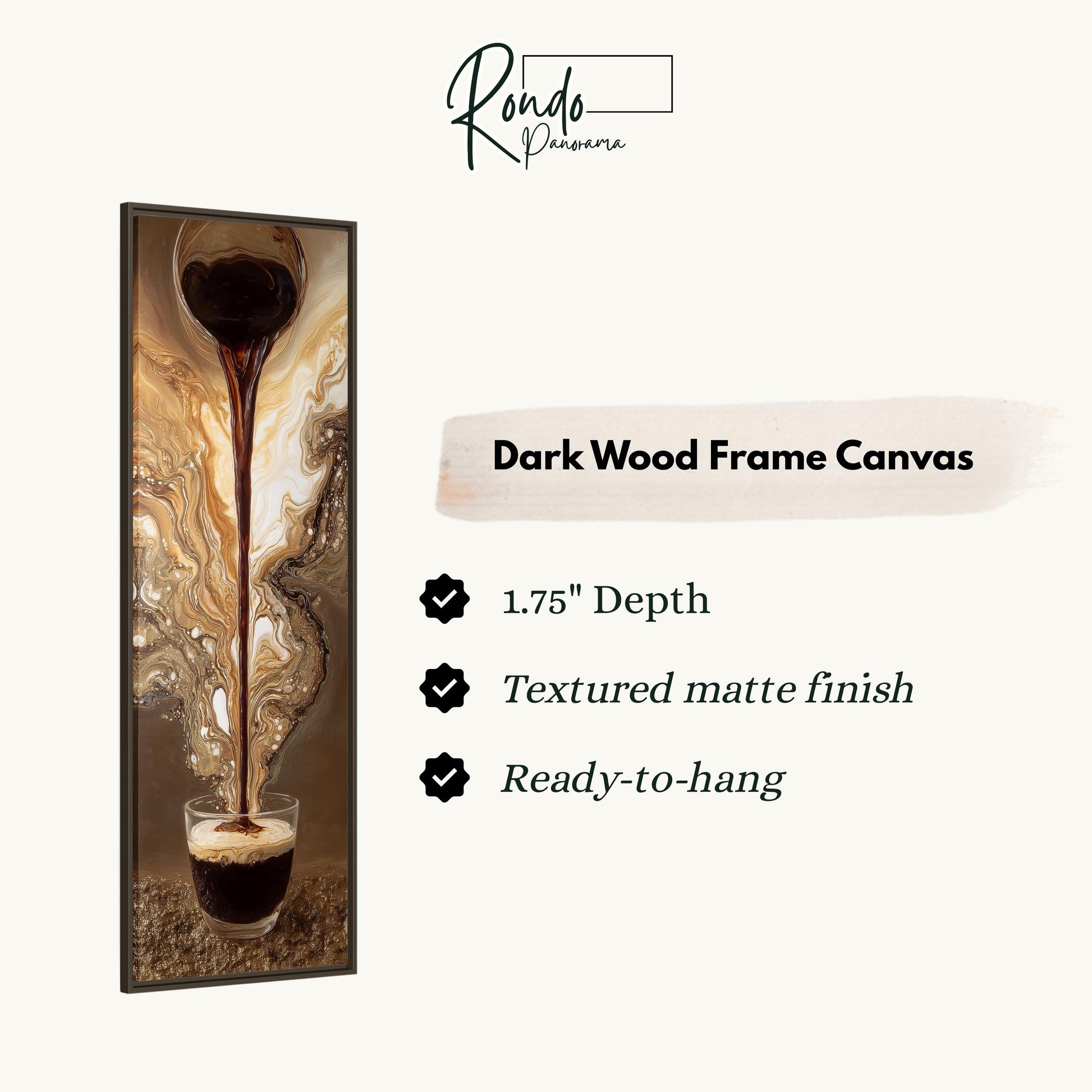 The image is a dark wood frame canvas featuring a painting of a glass of coffee with a swirling pattern of liquid.