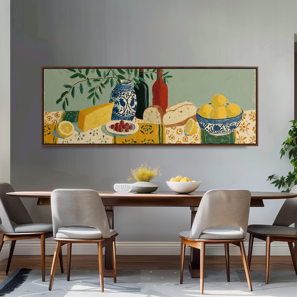 Cheese, wine and lemon spread long horizontal canvas print above a sofa in a living room