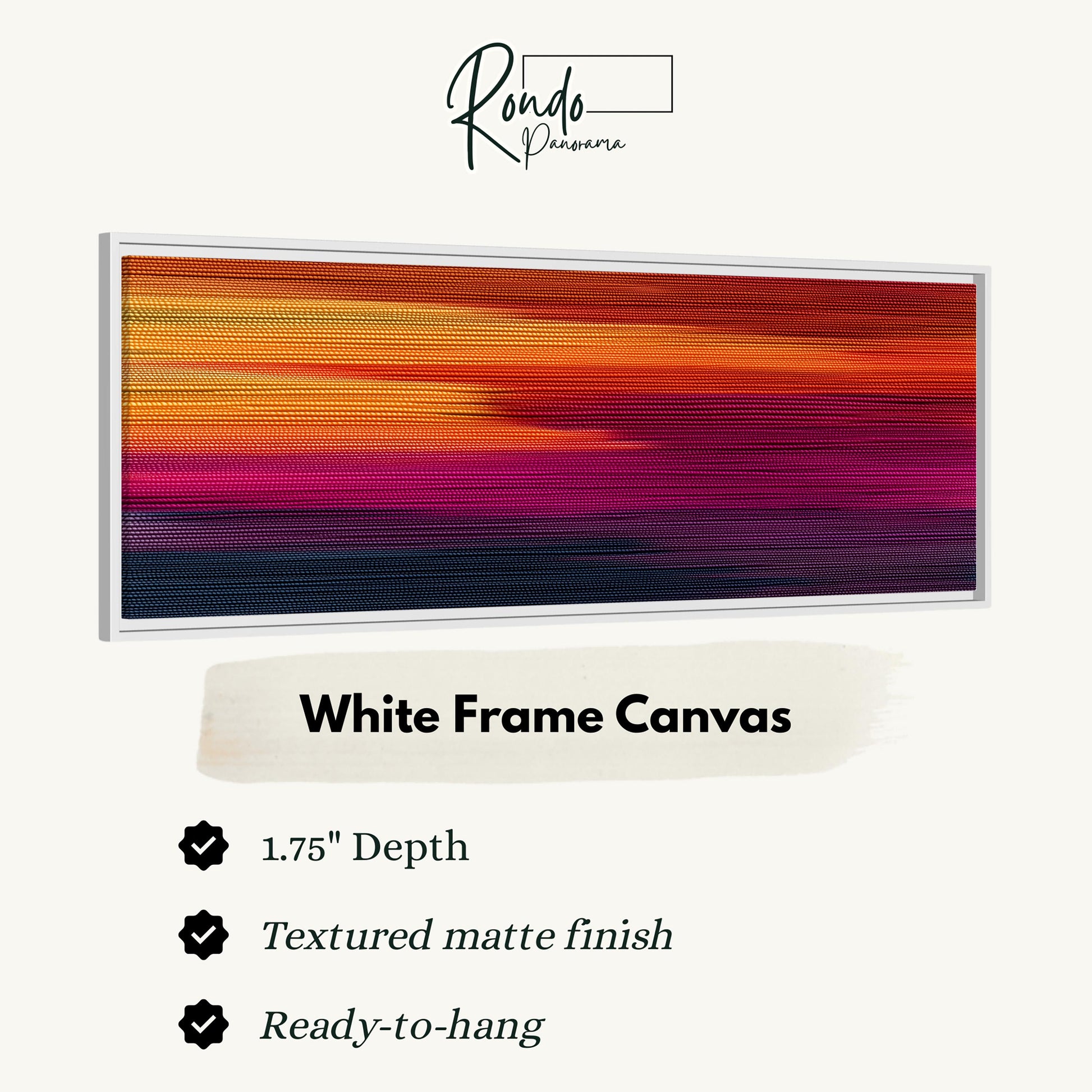 The image is a white frame canvas with a vibrant gradient of colors, including shades of orange, pink, and purple. The canvas has a 1.75" depth and is textured with a matte finish. It is ready to hang and is described as a "White Frame Canvas" with a "Textured matte finish".