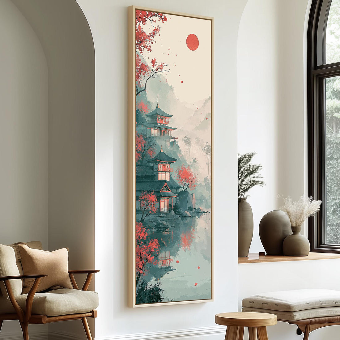 Pagoda by a misty lake under a red sun long vertical canvas print in a sunlit living space