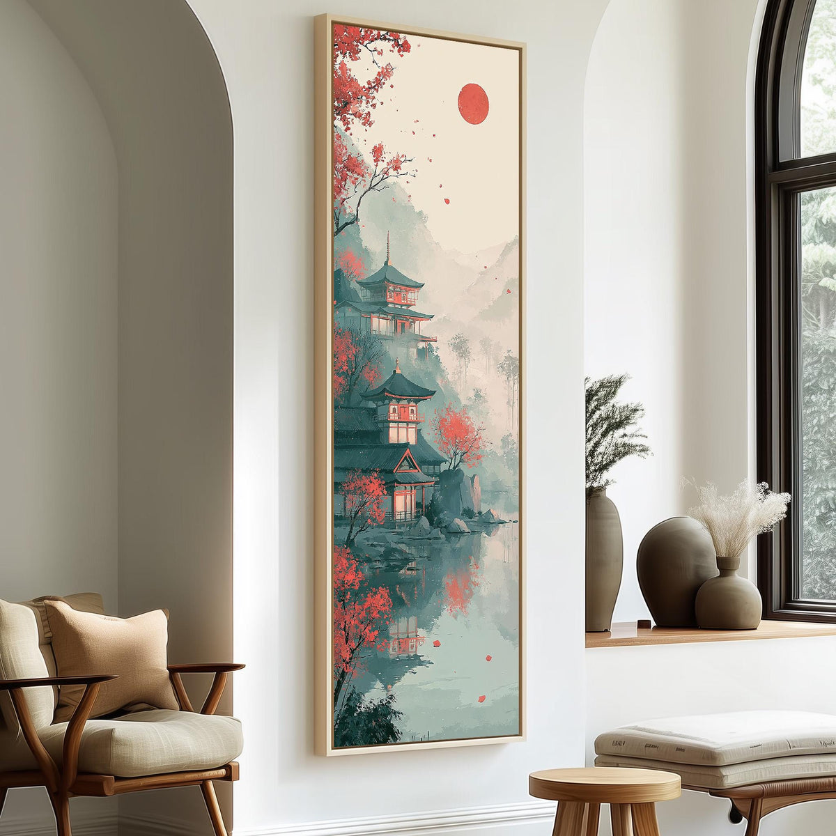 Pagoda by a misty lake under a red sun tall skinny canvas print in a sunlit living space