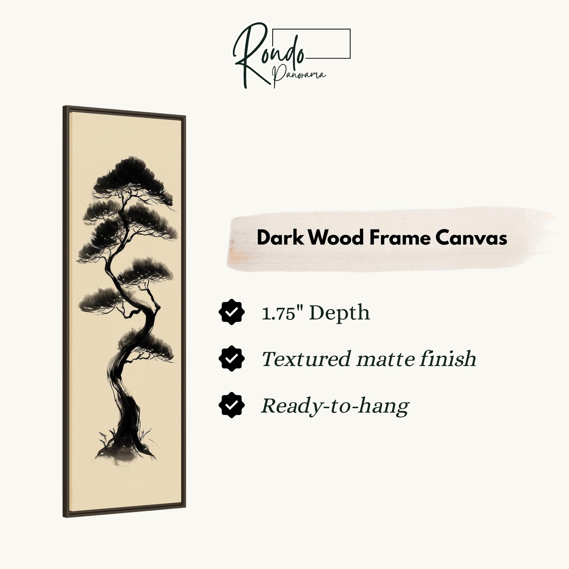The image is a product description for a dark wood frame canvas. It features a tree illustration and provides details about the product, including its dimensions, finish, and hanging capabilities.