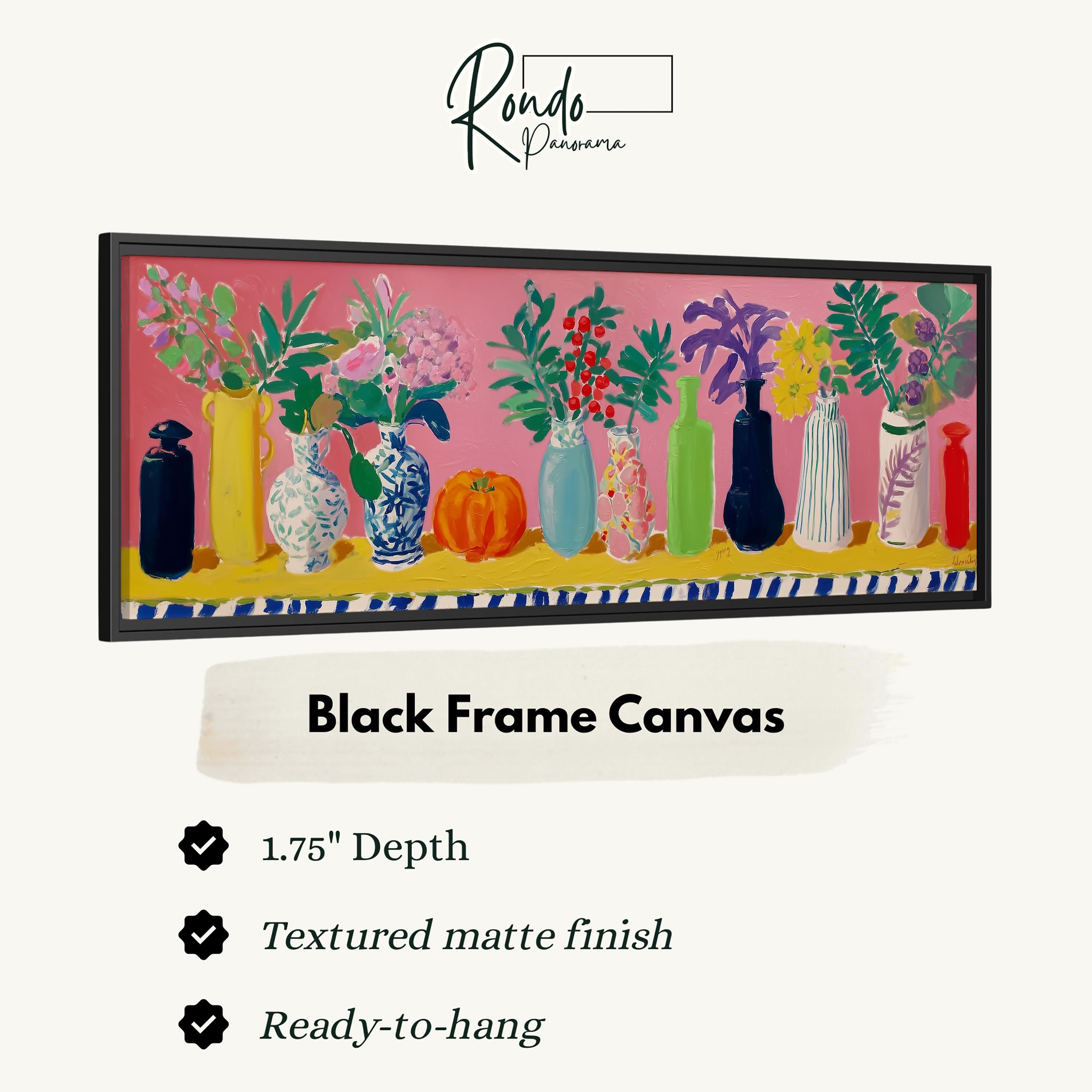 The image is a framed artwork depicting a variety of vases and flowers in different colors and shapes, arranged in a row on a shelf.
