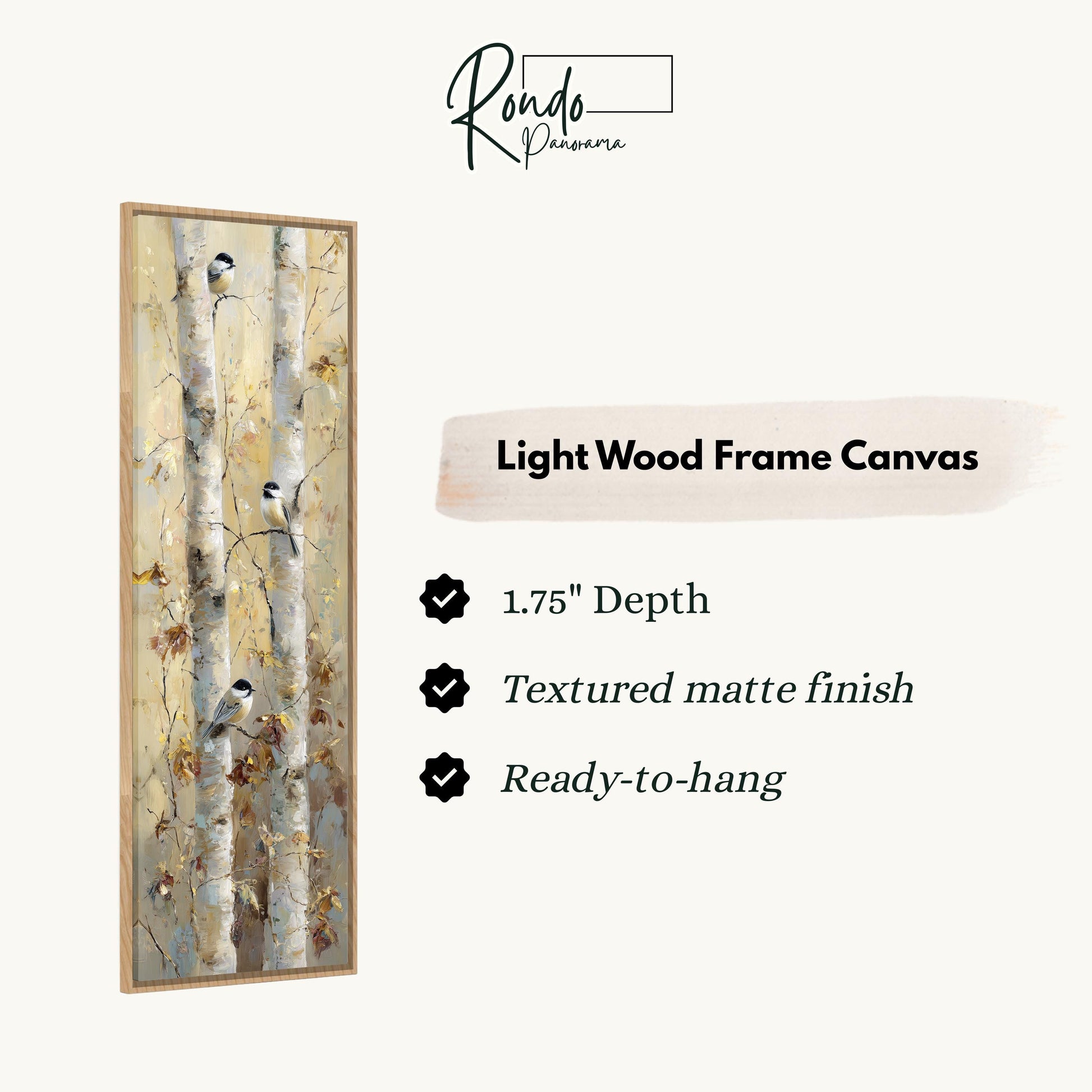 The image is a light wood frame canvas depicting a tree with birds perched on its branches.