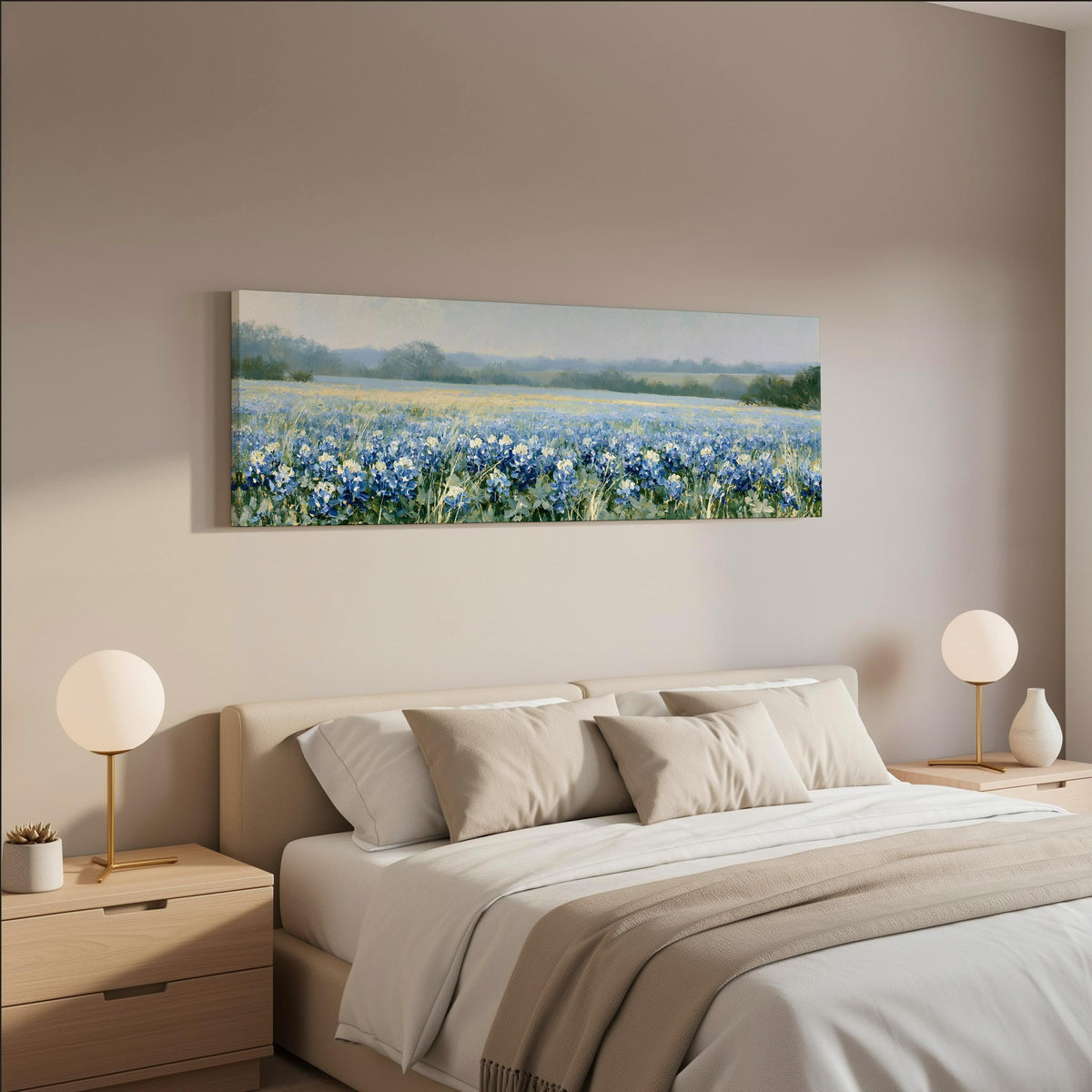 Field of bluebonnets wide panoramic canvas print above a bed in a neutral bedroom