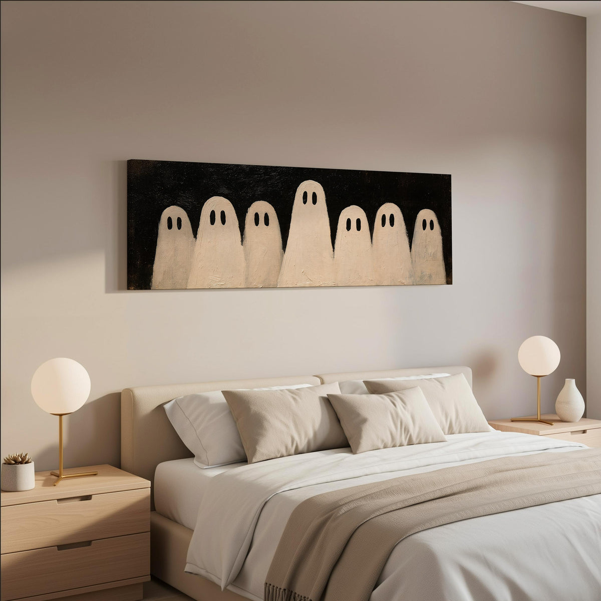 Friendly ghost gang wide panoramic canvas print above a bed in a neutral bedroom