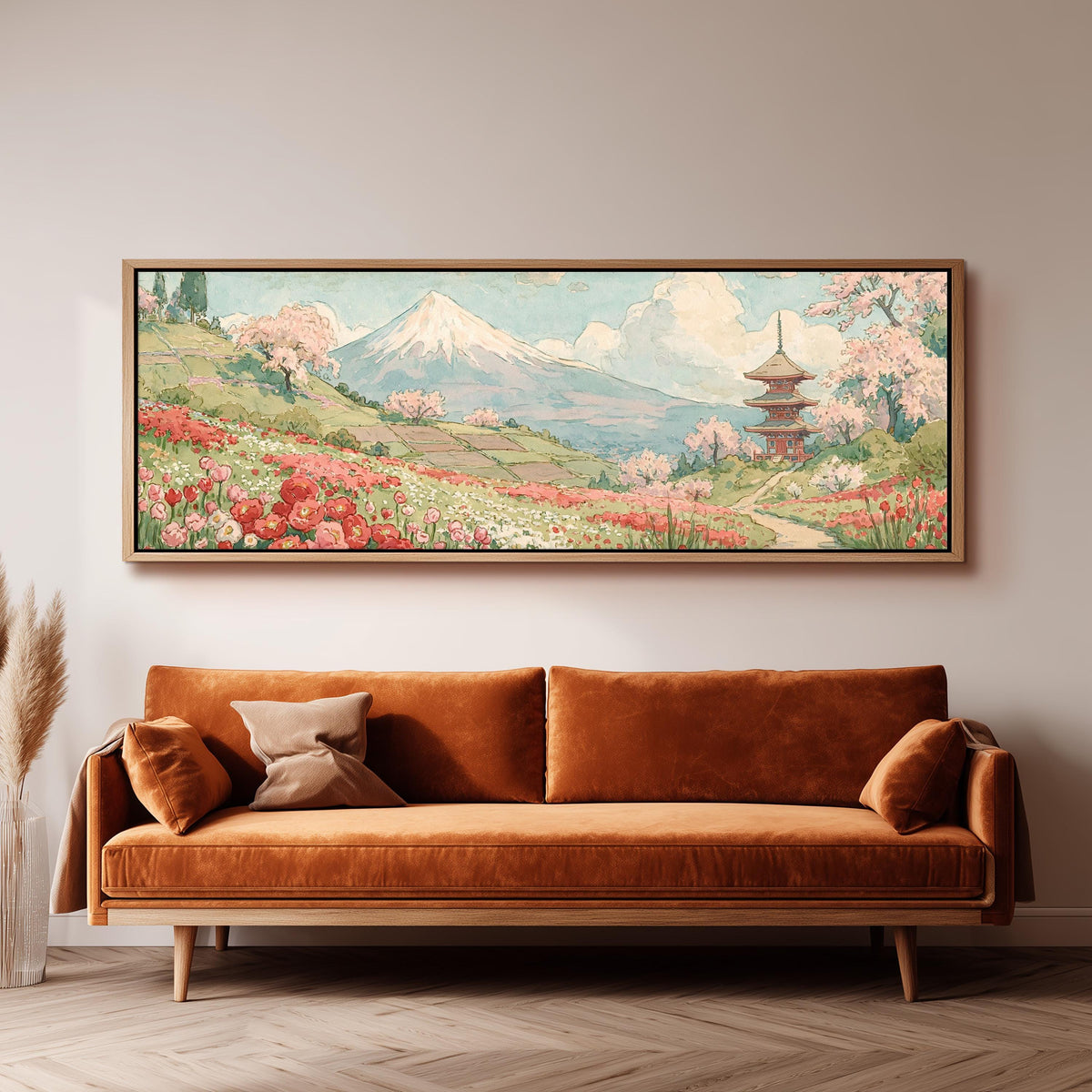 Mount Fuji with sakura and a pagoda panoramic canvas print above a sofa in a living room