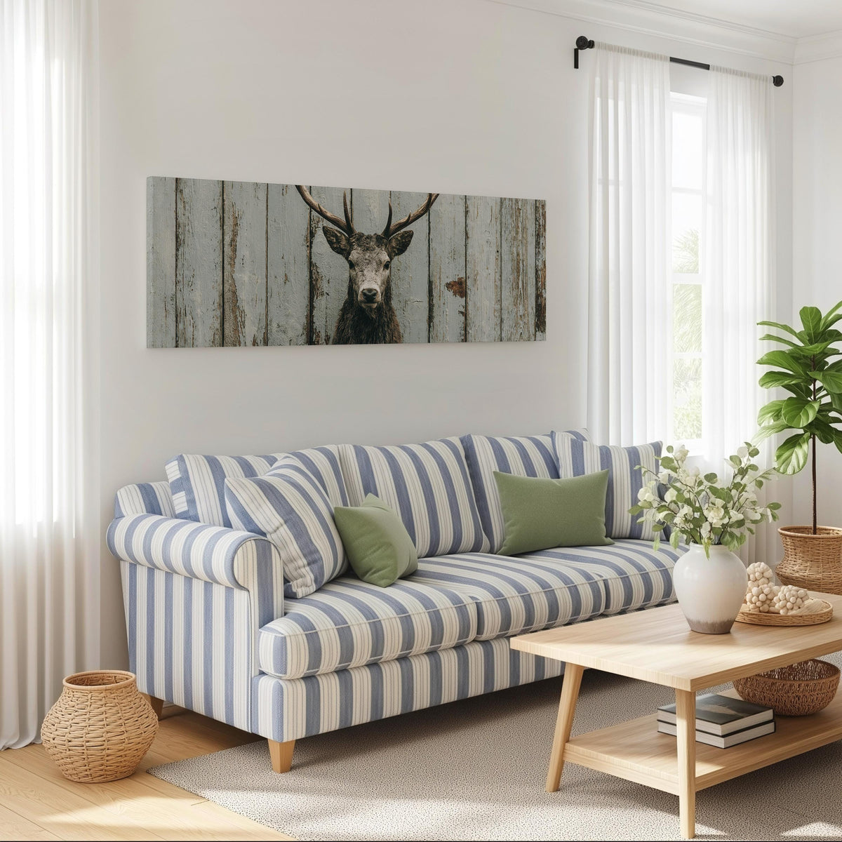 Monochrome stag on barn wood long horizontal canvas print above a striped sofa in a coastal living room