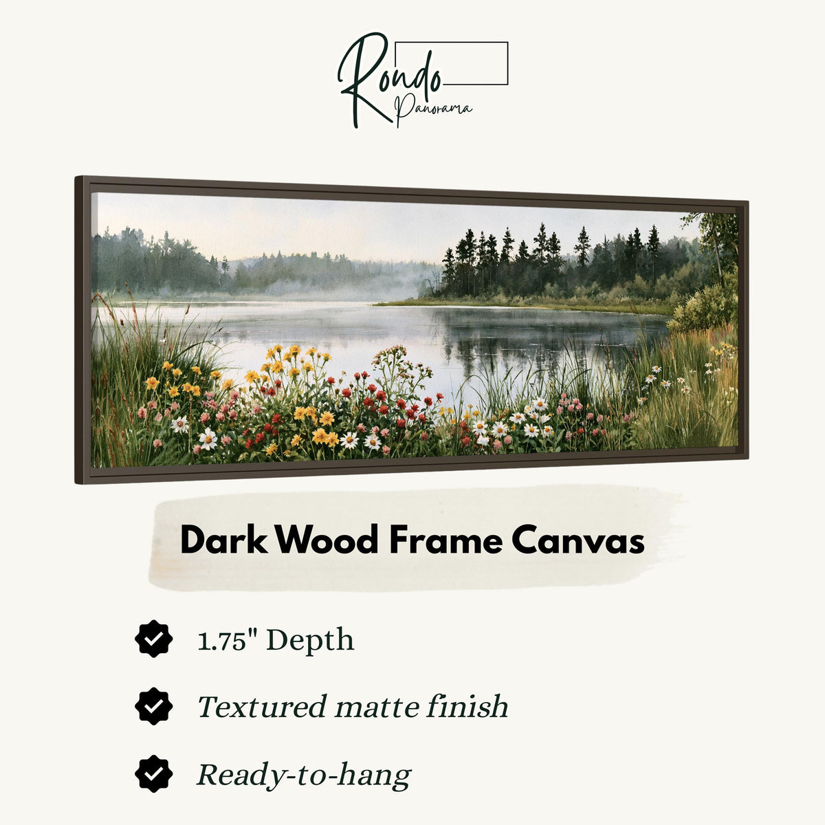 Lake with wildflowers on the shore canvas print in a dark wood floating frame