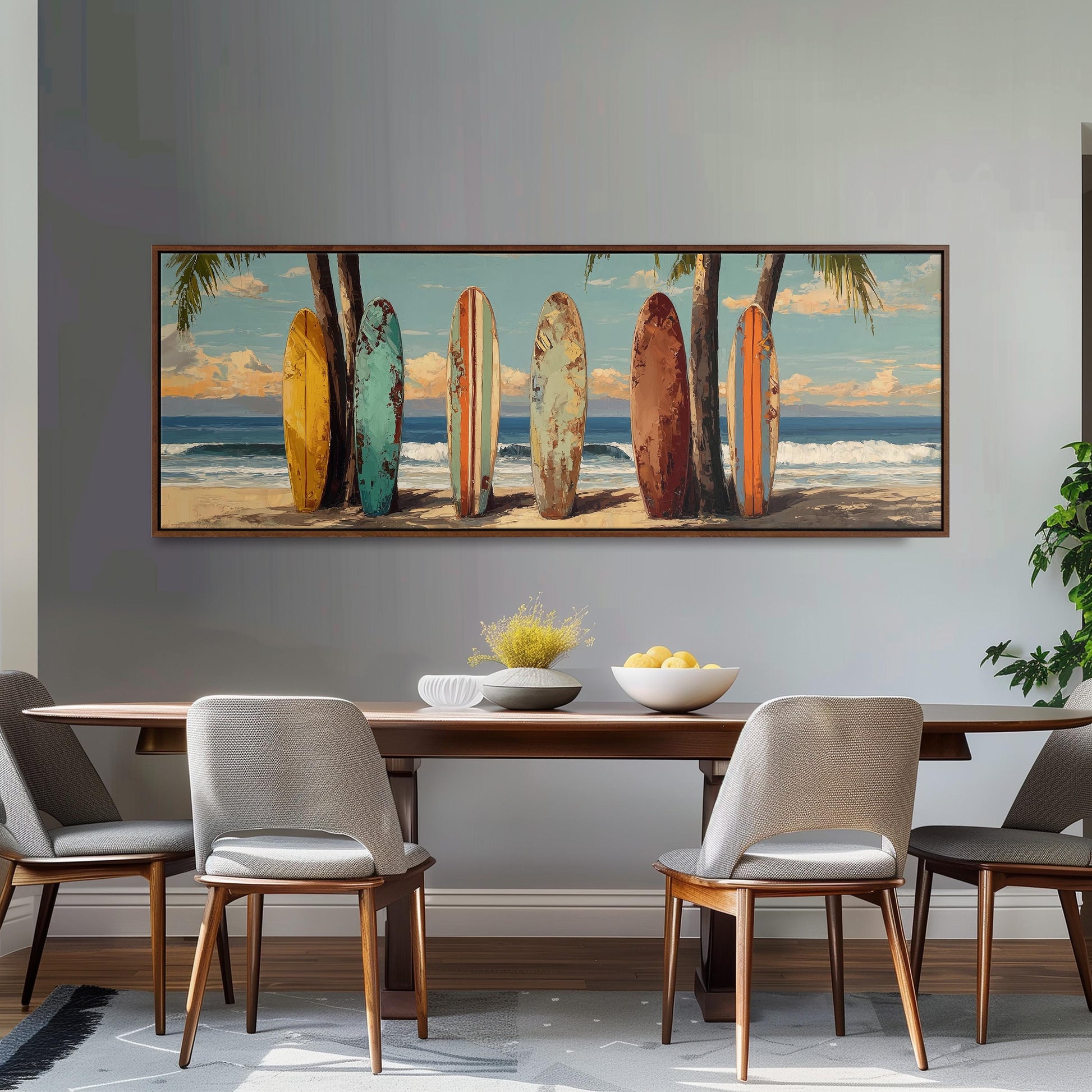 a large painting of surfboards lined up on a beach, with palm trees and a blue sky in the background.