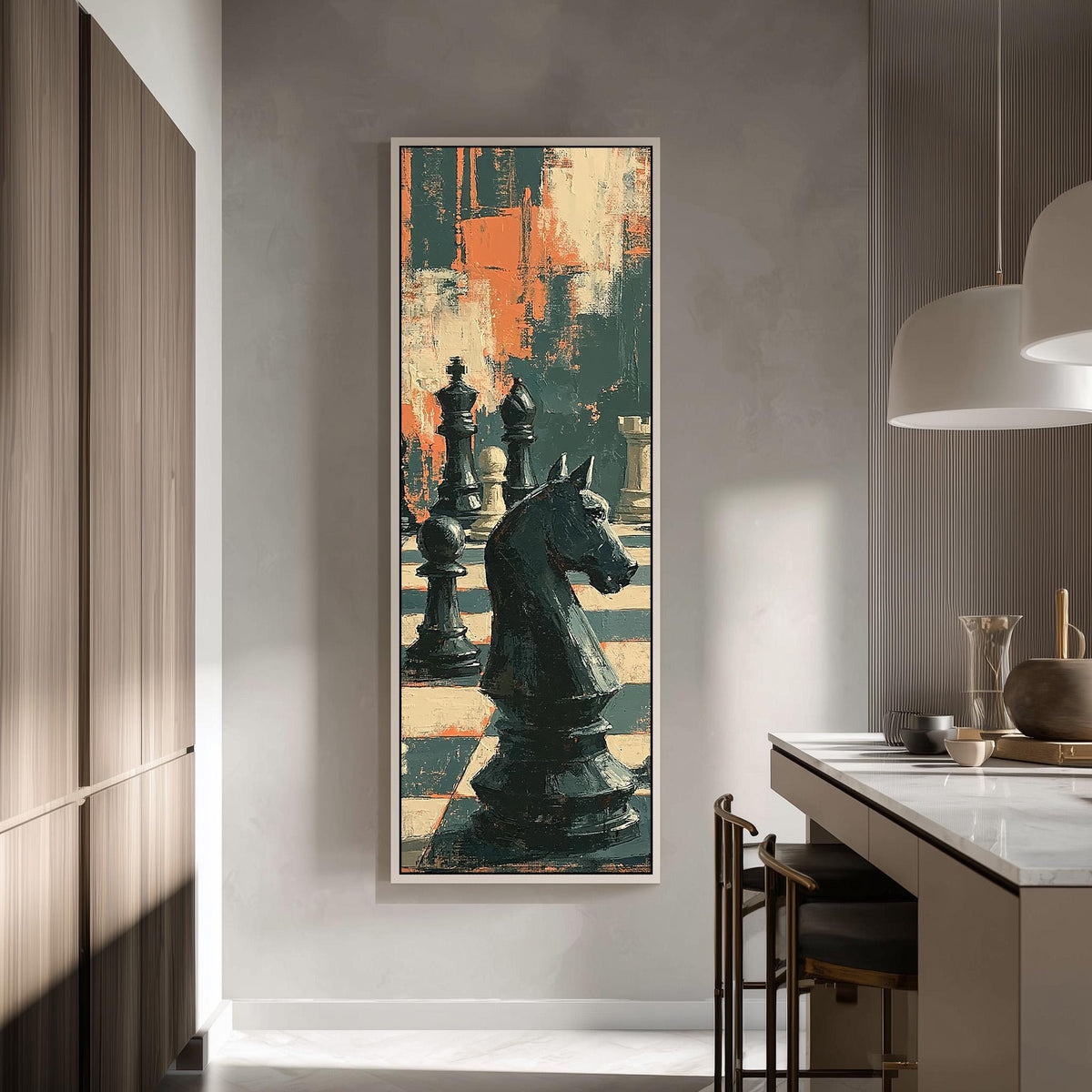 Black chess knight in dramatic shadows tall skinny canvas print in a modern kitchen