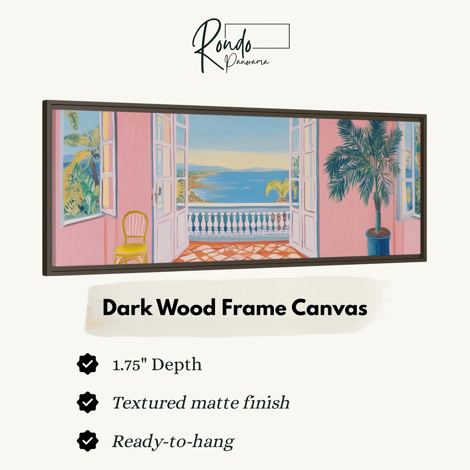 The image is a framed canvas depicting a balcony with a view of the ocean and palm trees.