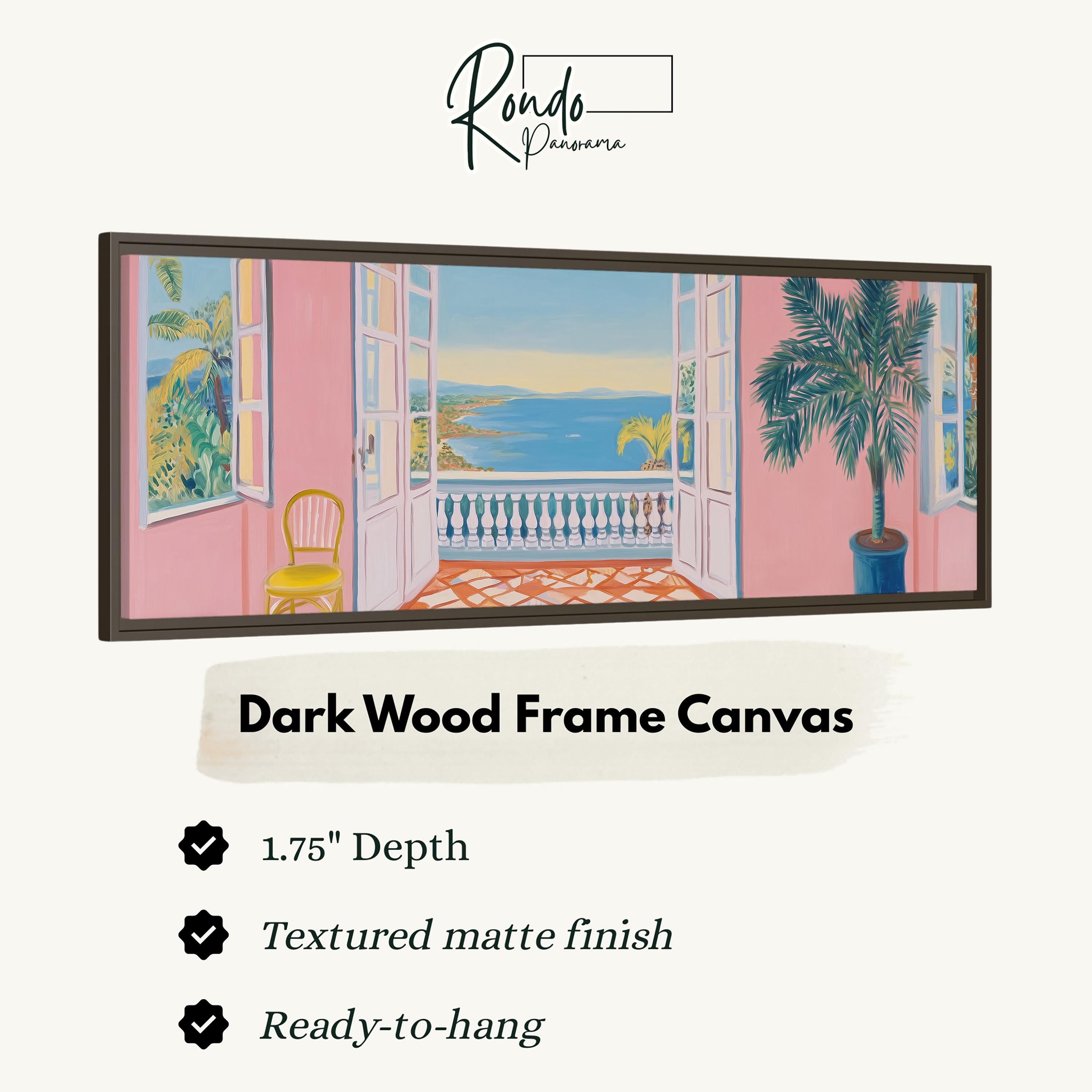 The image is a framed canvas depicting a balcony with a view of the ocean and palm trees.
