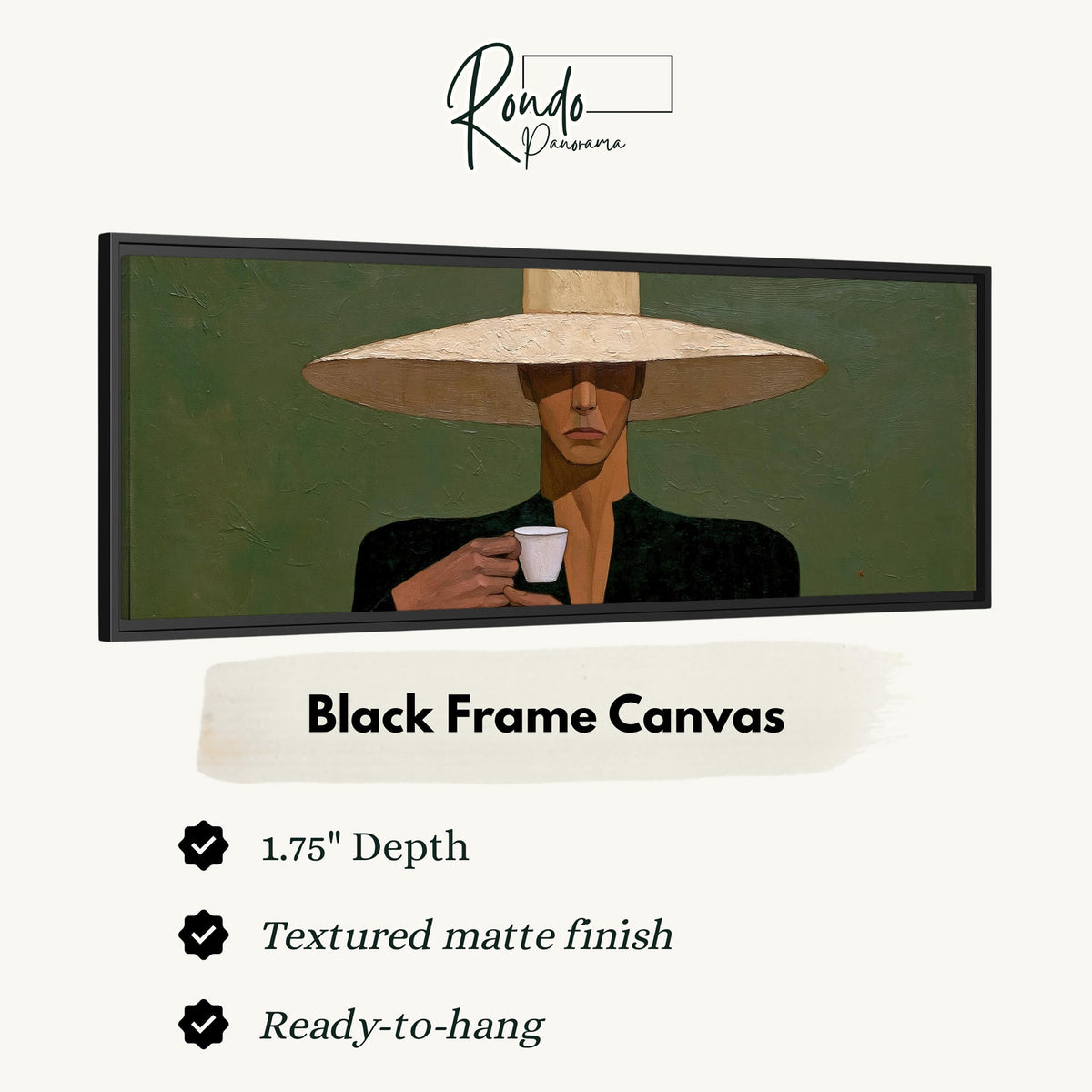 Shadowed woman in a sun hat with espresso canvas print in a black floating frame