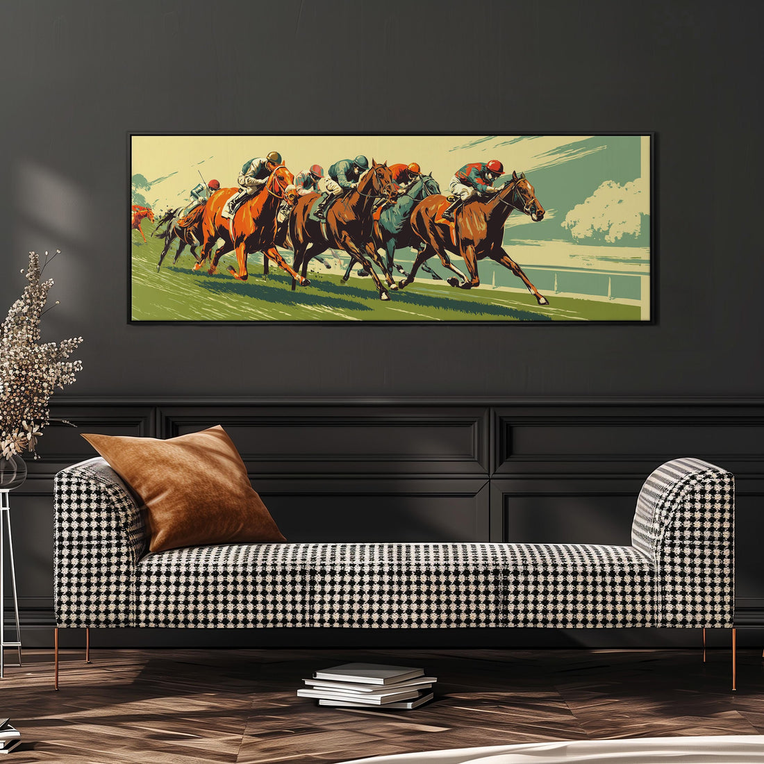 a group of people riding horses, with a focus on the horses and riders in motion.