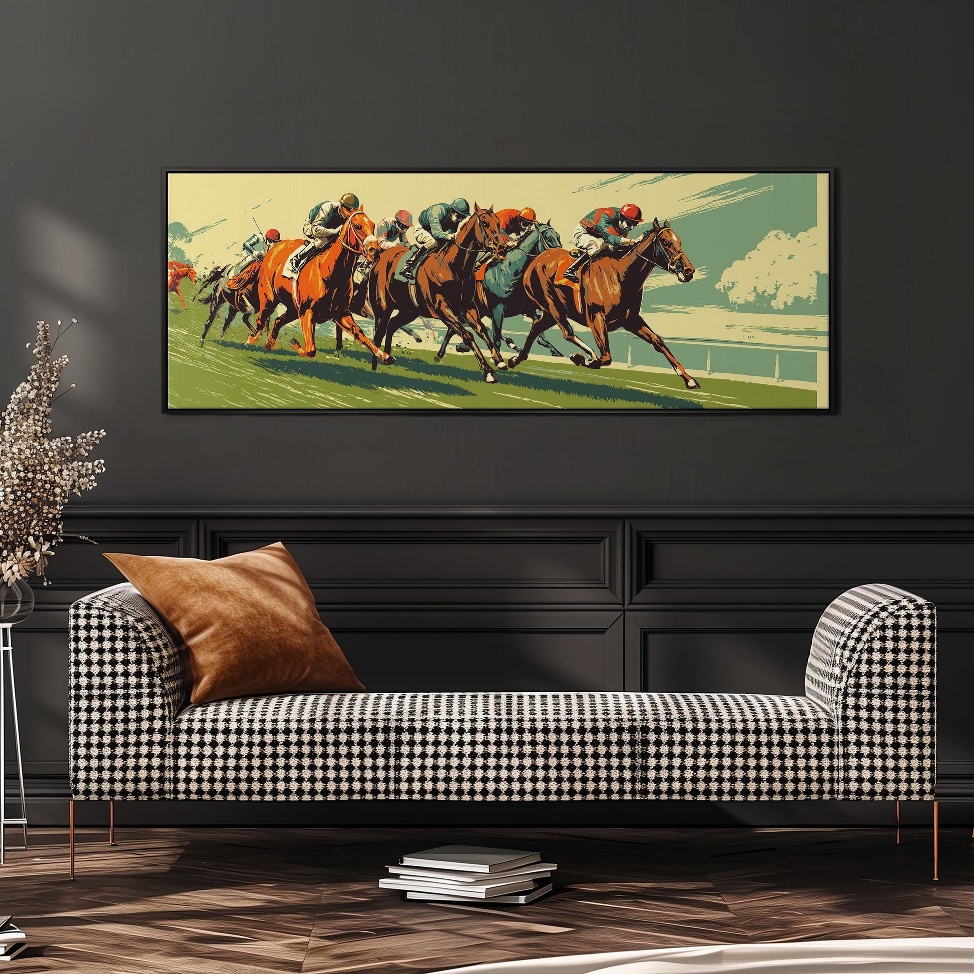 a group of people riding horses, with the horses and riders in various positions, suggesting a dynamic and energetic scene.