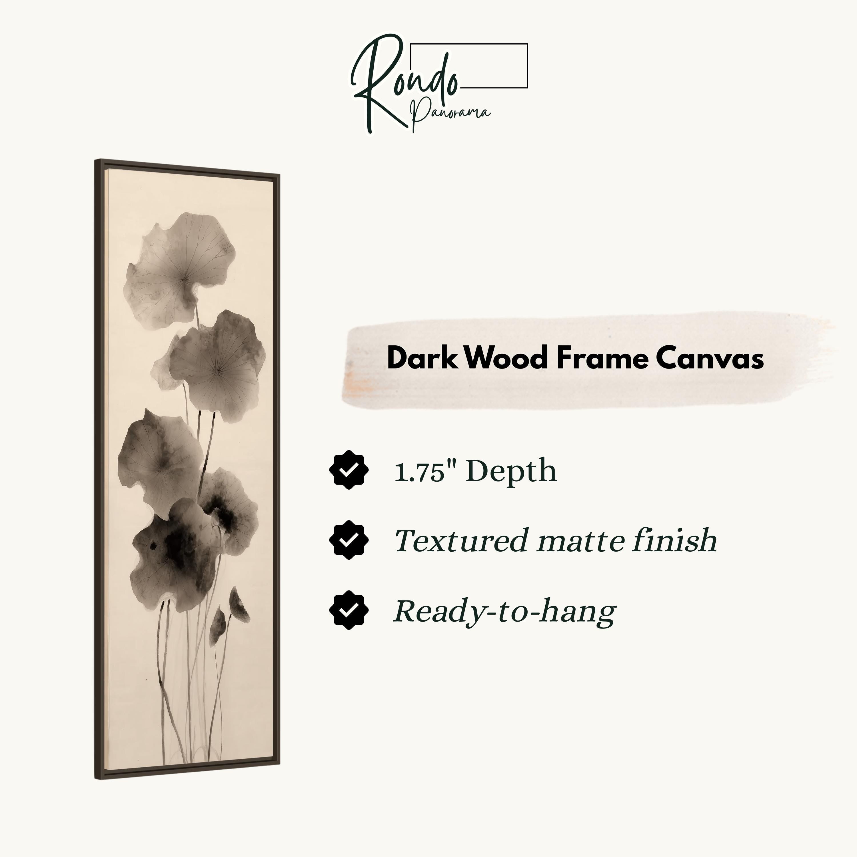 The image is a product description for a dark wood frame canvas. It features a close-up of a black and white flower on a wooden frame, with text providing details about the product.