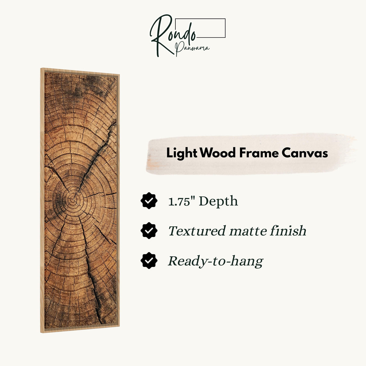 Natural tree ring texture canvas print in a light wood floating frame