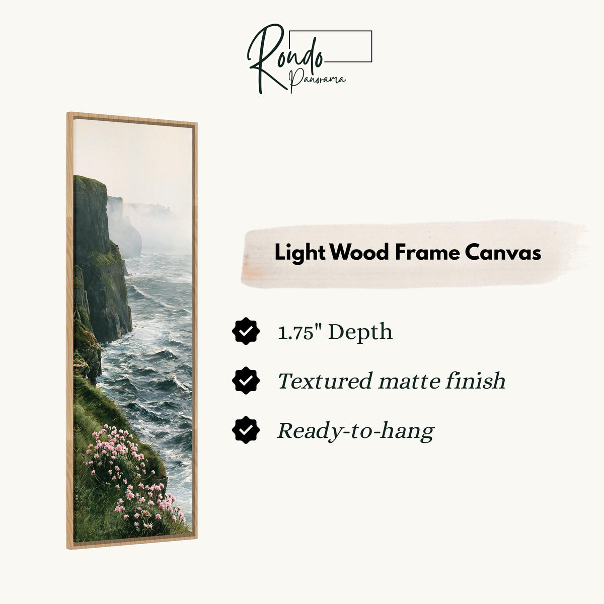 Misty sea cliffs with pink wildflowers canvas print in a light wood floating frame