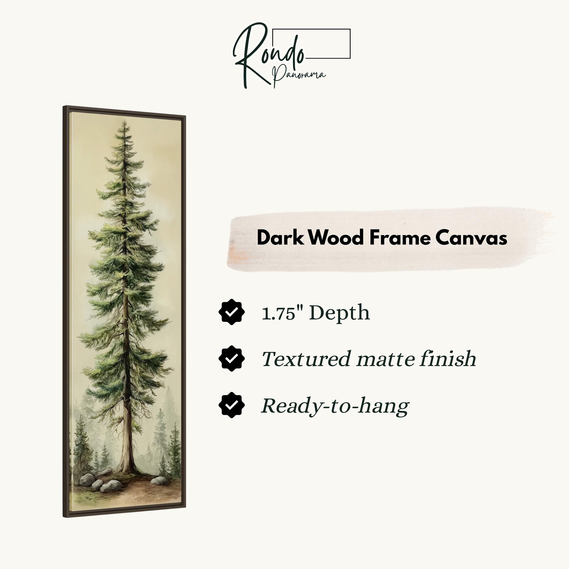 The image is a dark wood frame canvas depicting a tall pine tree with a forest scene.