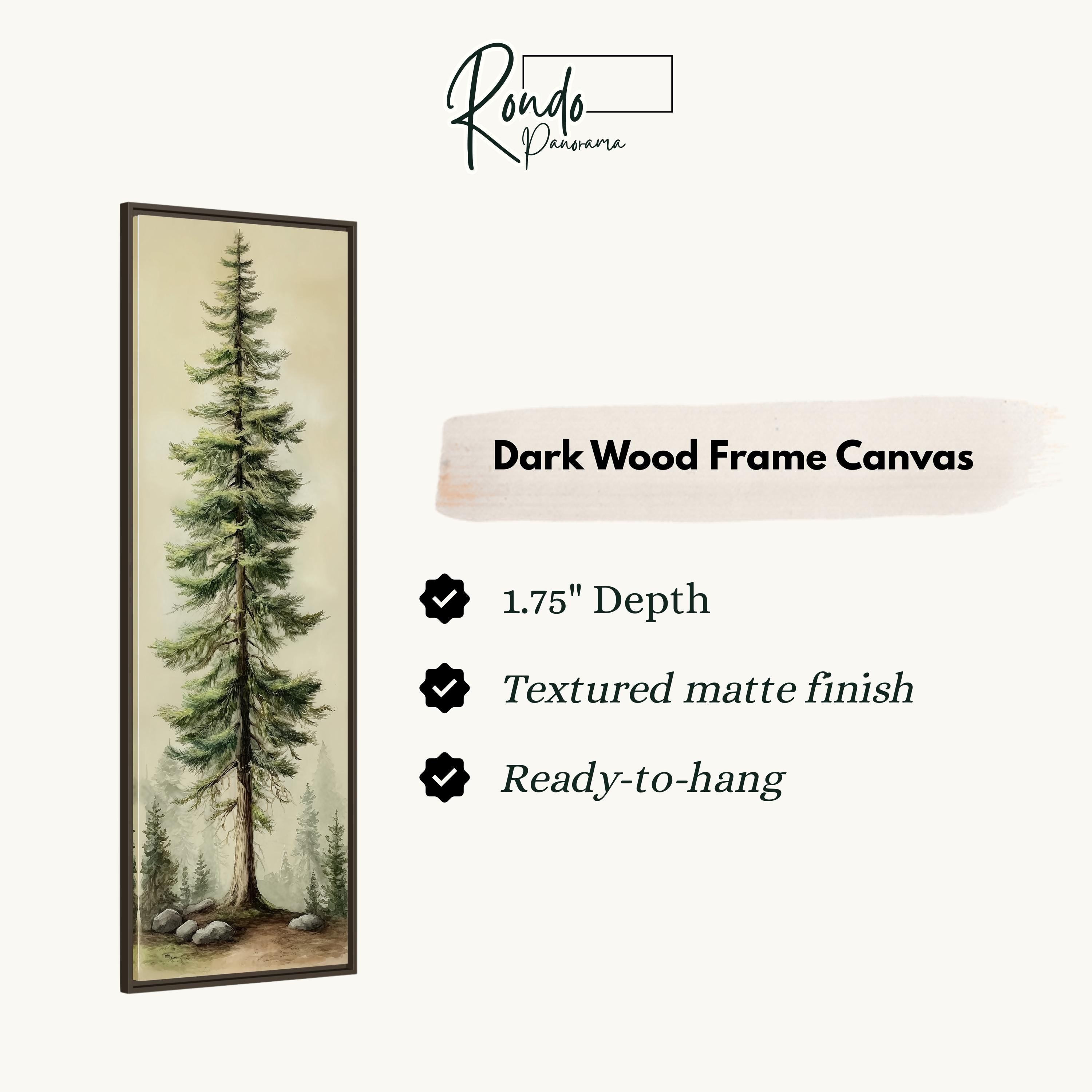 The image is a dark wood frame canvas depicting a tall pine tree with a forest scene.