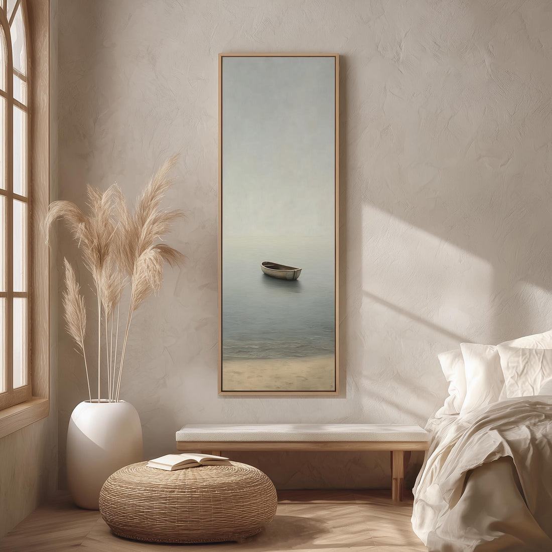 a serene bedroom scene with a large window, a painting of a boat on the wall, a white bed, a woven ottoman, and a potted plant.